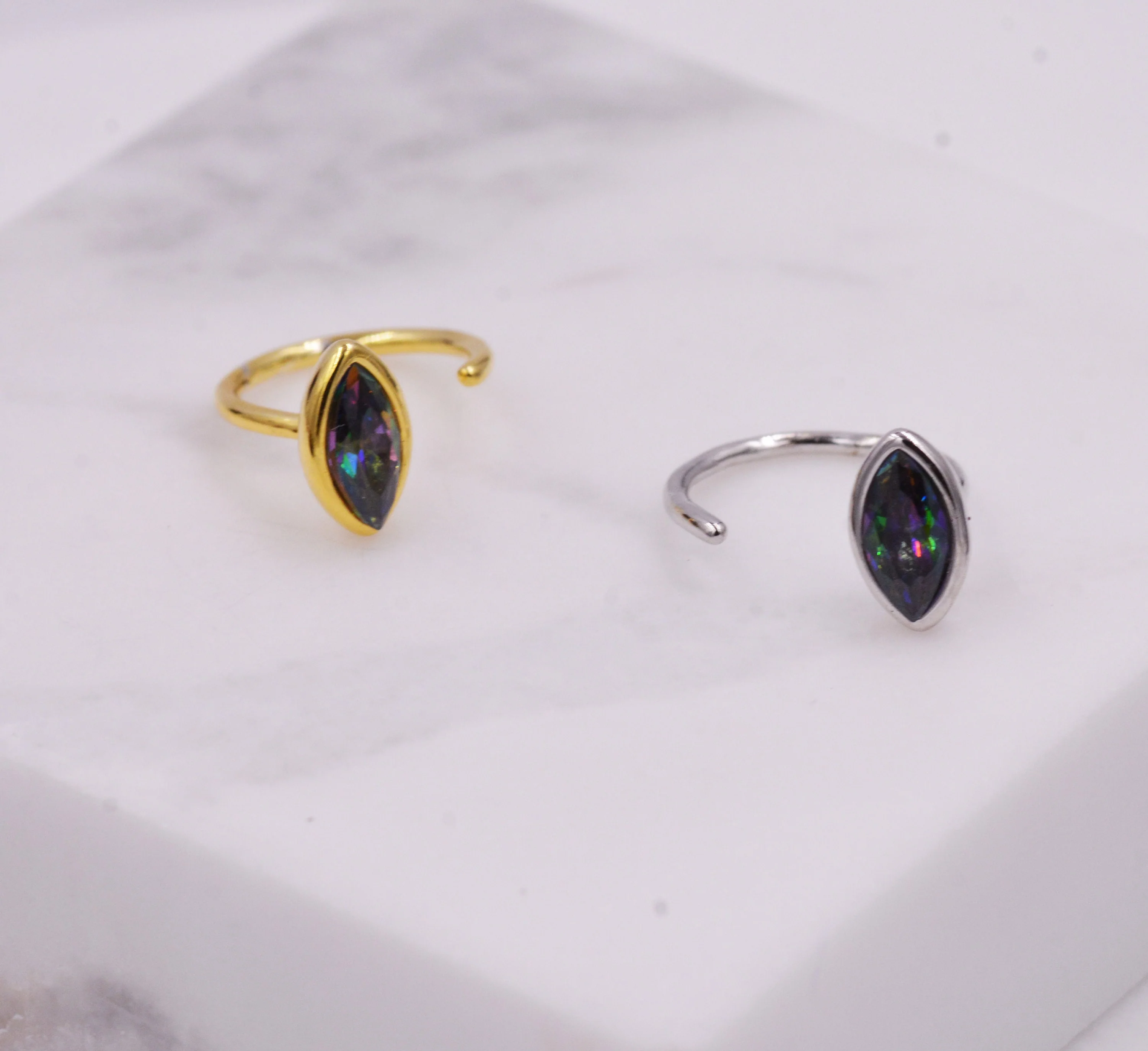 Mystic Topaz Marquise Huggie Hoop Threader Earrings in Sterling Silver, Gold or Silver, Pull Through Open Hoop Earrings - Image 4