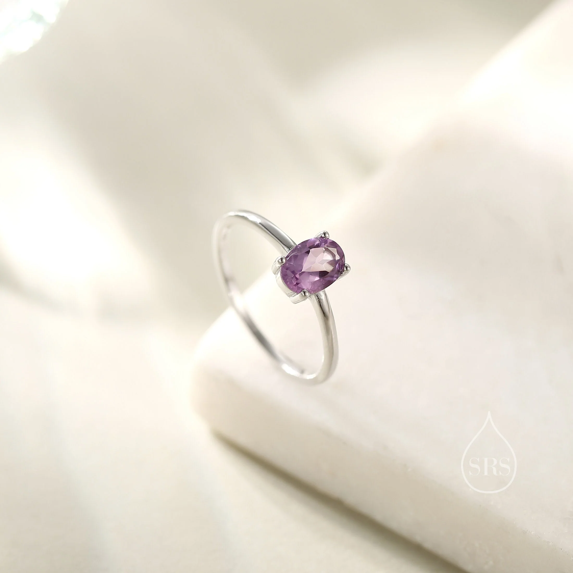Natural 1 Carat Amethyst Oval Ring in Sterling Silver, 5x7mm, Prong Set Oval, US Size 5 6 7 8, Genuine Amethyst Ring, February Birthstone - Image 3