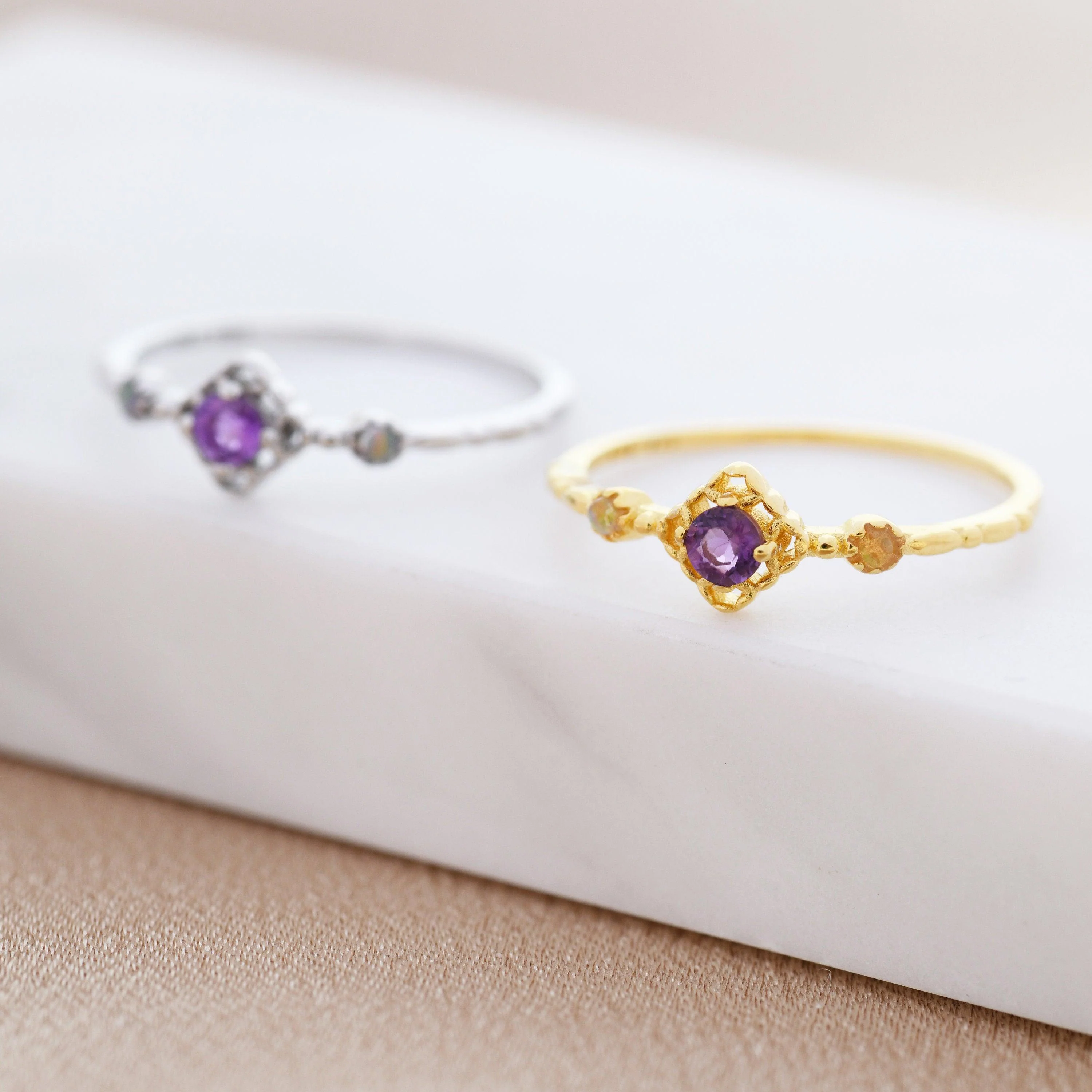 Natural Amethyst and Opal Ring in Sterling Silver, Silver or Gold, Natural purple Amethyst Ring, Vintage Inspired Design, US 5-8 - Image 3