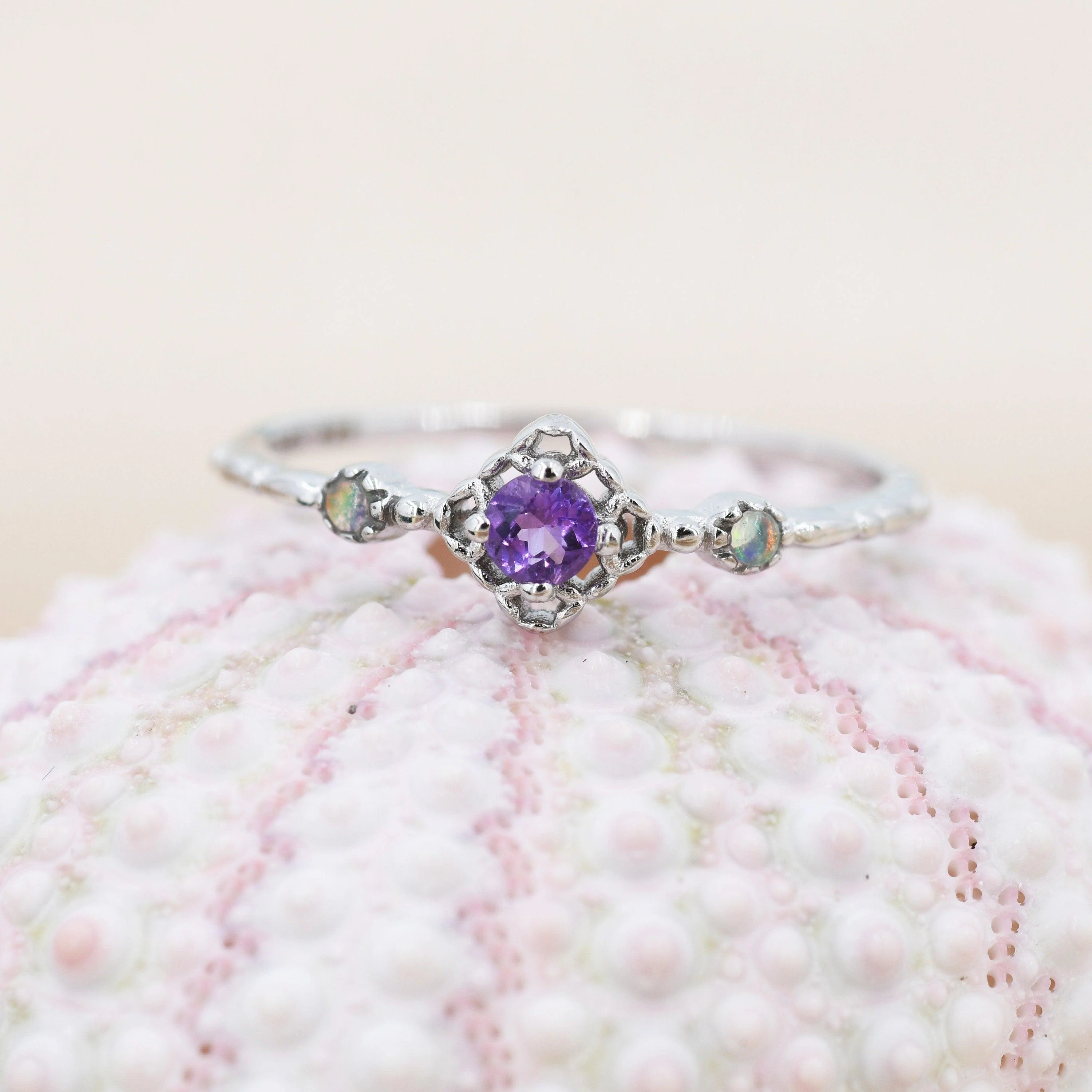 Natural Amethyst and Opal Ring in Sterling Silver, Silver or Gold, Natural purple Amethyst Ring, Vintage Inspired Design, US 5-8 - Image 4