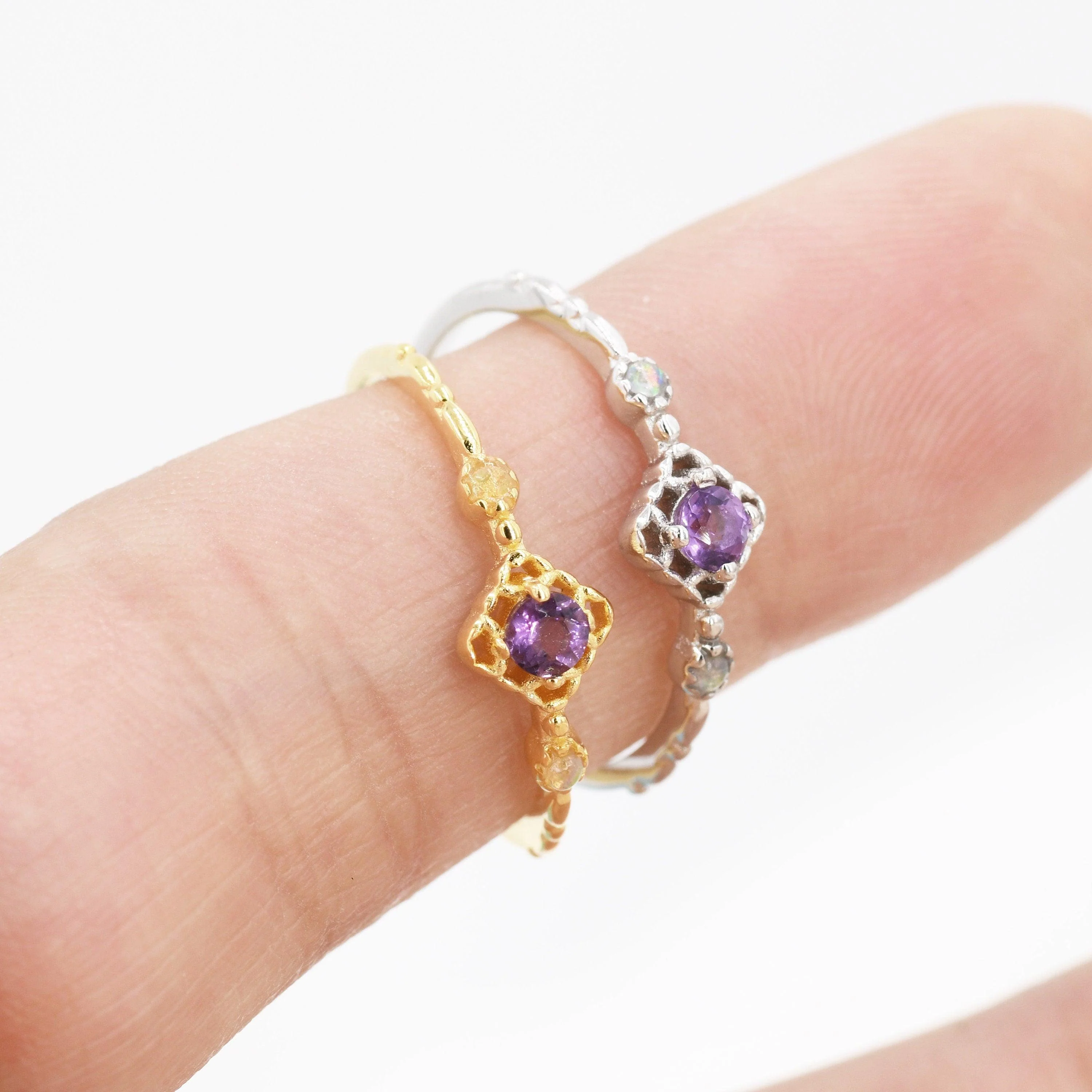 Natural Amethyst and Opal Ring in Sterling Silver, Silver or Gold, Natural purple Amethyst Ring, Vintage Inspired Design, US 5-8 - Image 7