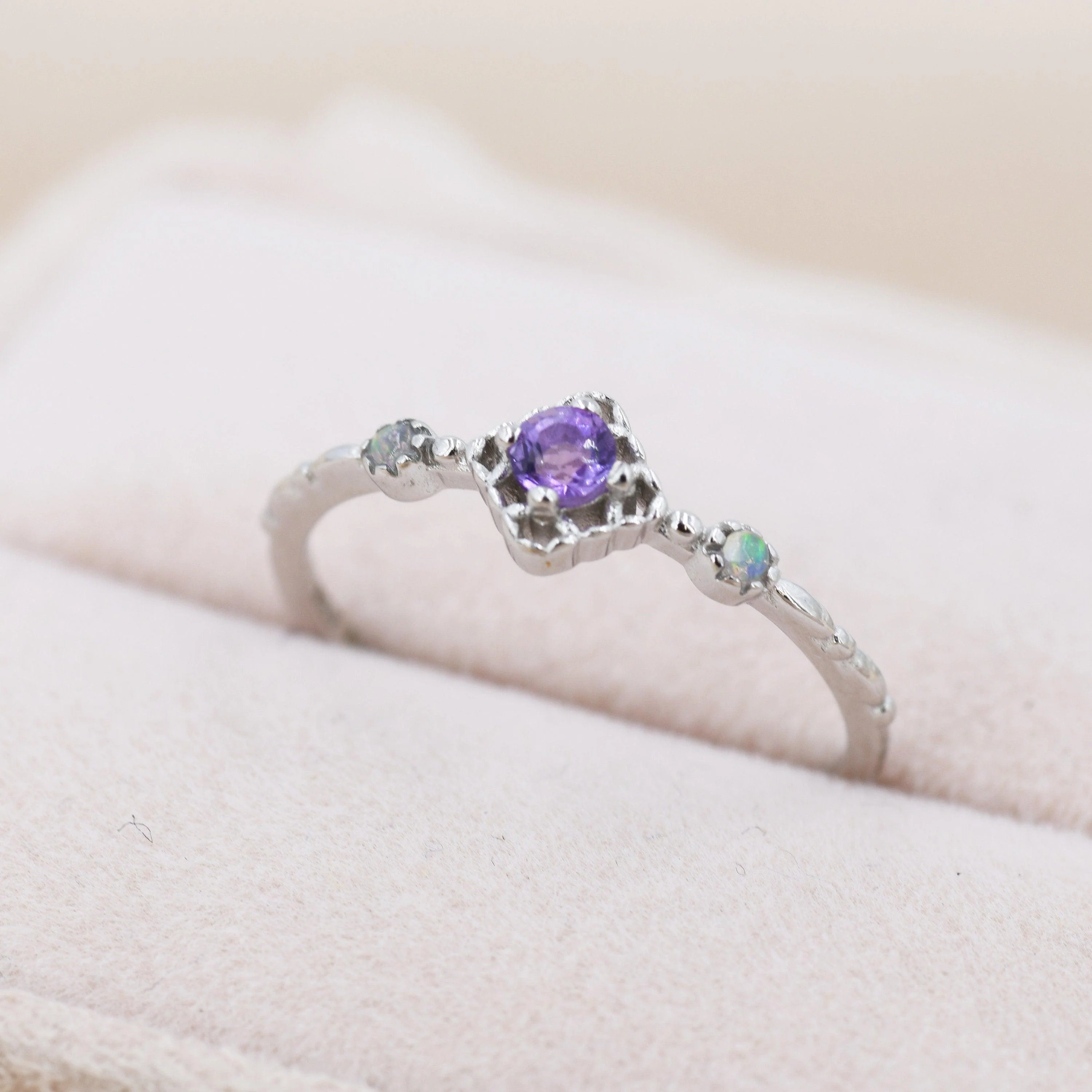 Natural Amethyst and Opal Ring in Sterling Silver, Silver or Gold, Natural purple Amethyst Ring, Vintage Inspired Design, US 5-8 - Image 8