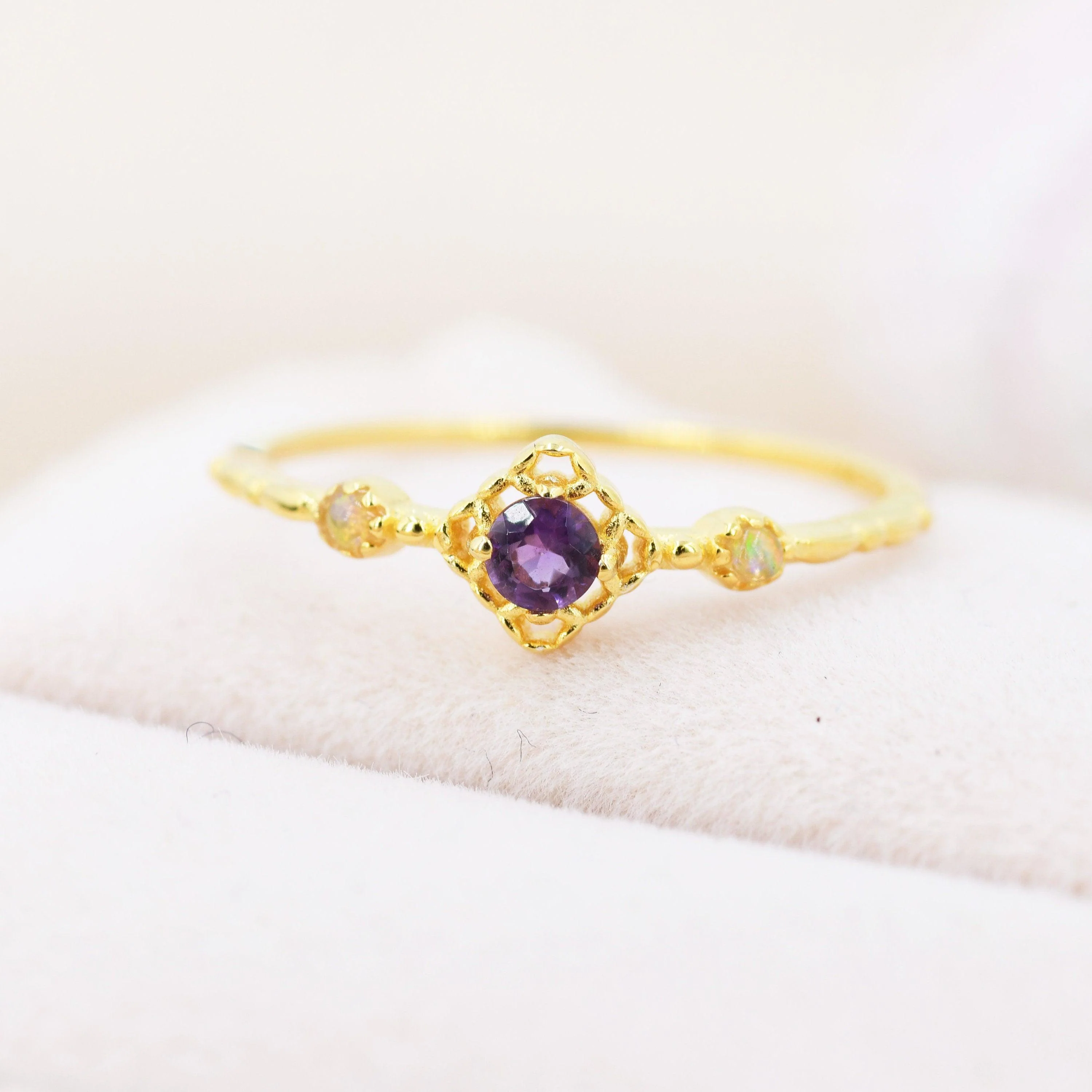 Natural Amethyst and Opal Ring in Sterling Silver, Silver or Gold, Natural purple Amethyst Ring, Vintage Inspired Design, US 5-8 - Image 9