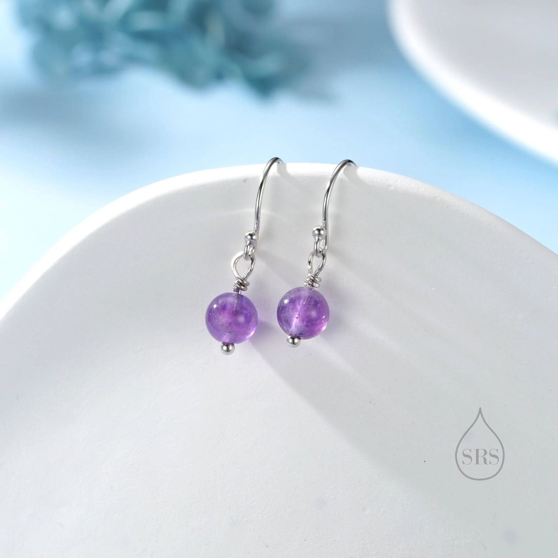 Natural Amethyst Bead Hook Earrings in Sterling Silver, 6mm Amethyst Earrings, Silver or Gold, Genuine Amethyst Drop Earrings - Image 2