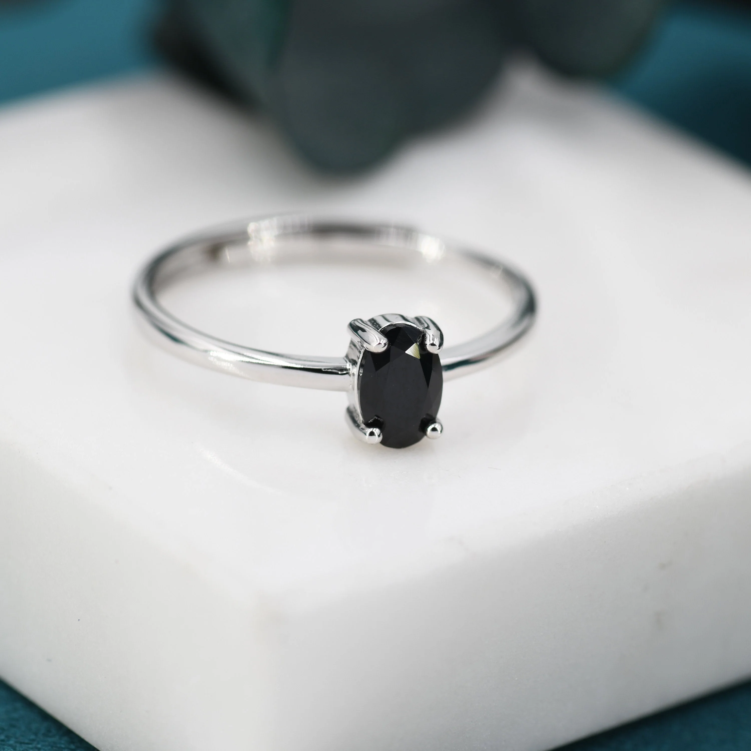 Natural Black Onyx Oval Ring in Sterling Silver,  4x6mm, Prong Set Oval Cut, Adjustable Size, Genuine Black Onyx Ring - Image 2
