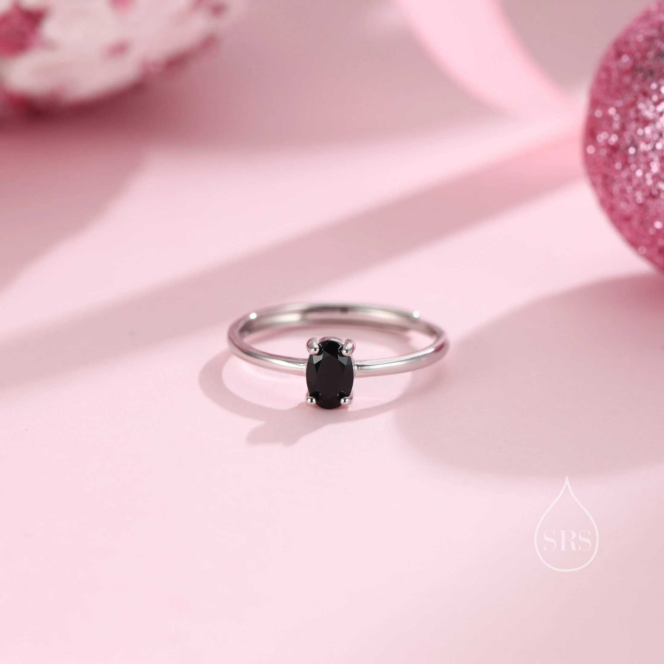 Natural Black Onyx Oval Ring in Sterling Silver,  4x6mm, Prong Set Oval Cut, Adjustable Size, Genuine Black Onyx Ring - Image 3