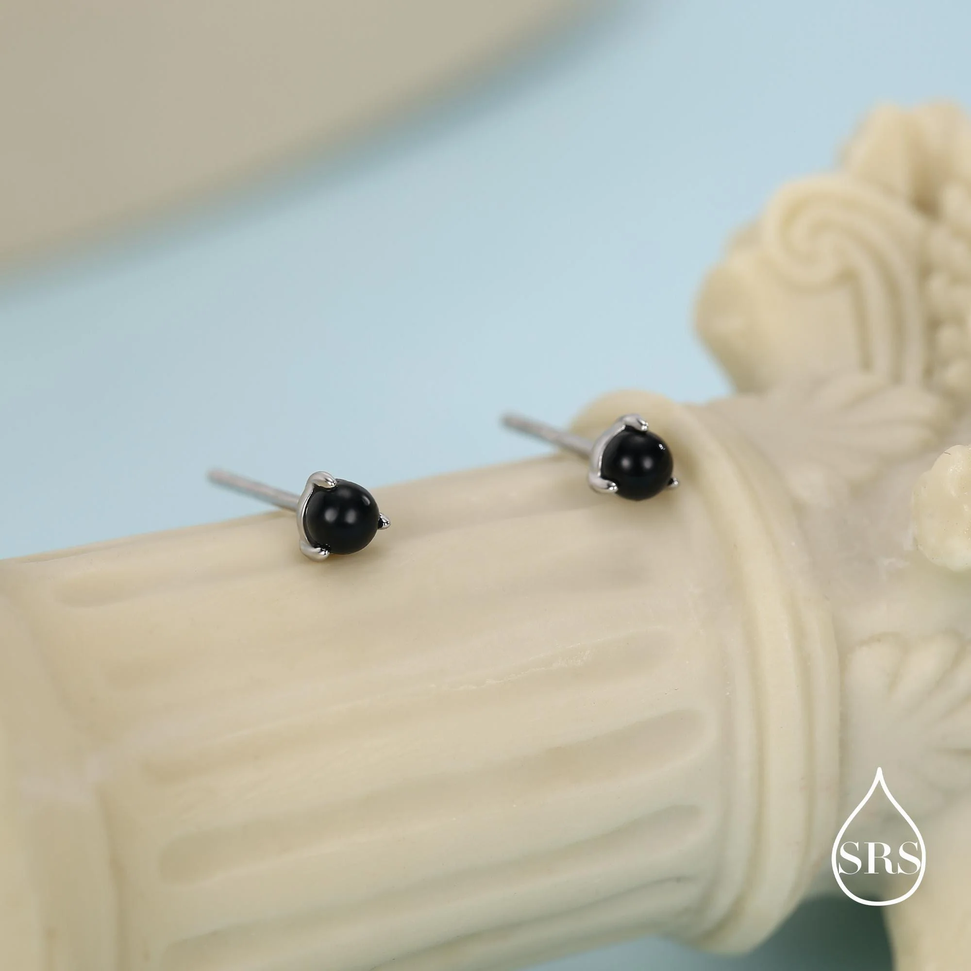Sterling Silver Extra Tiny 3mm Black Onyx Stud Earrings - Image 2