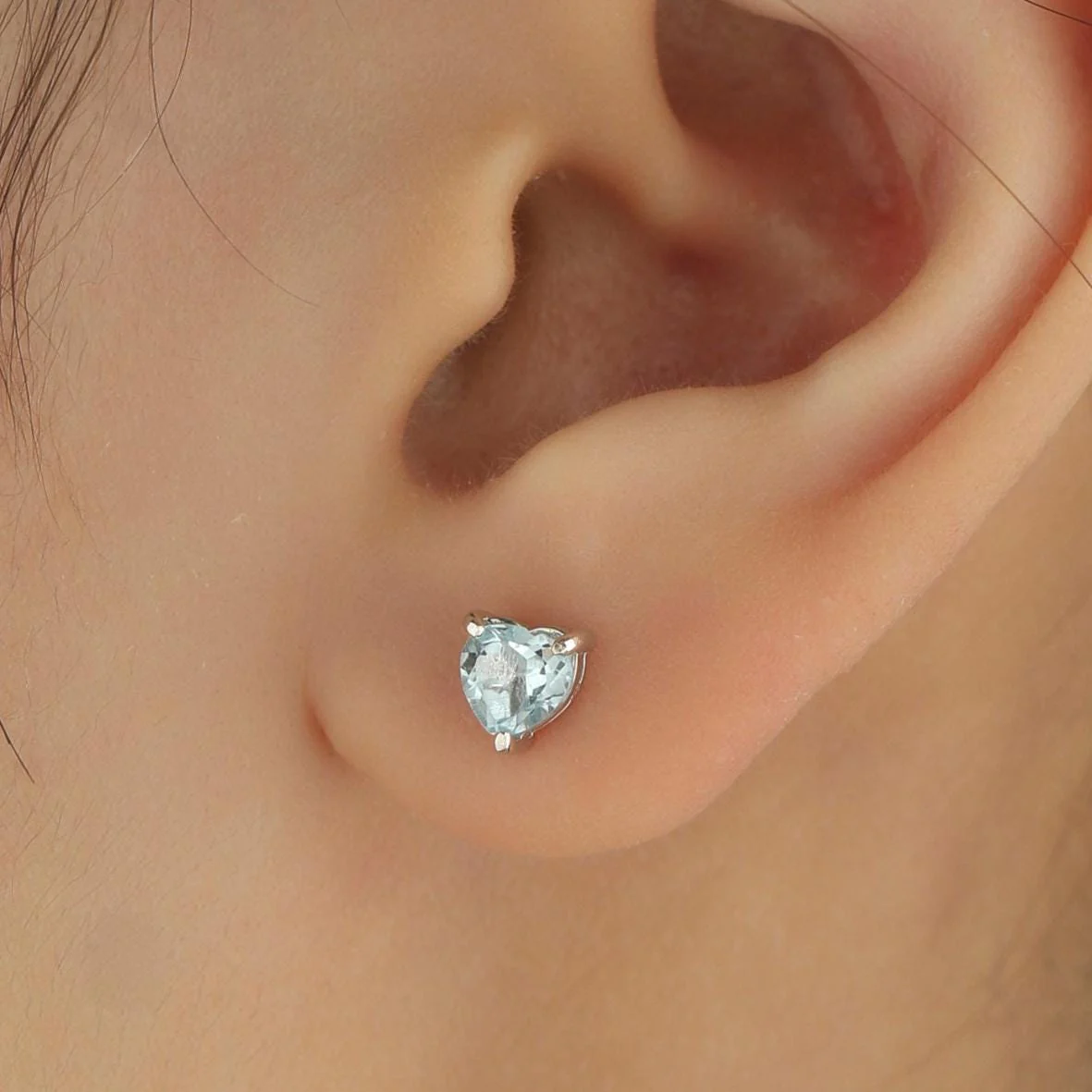 Natural Blue Topaz Stone Heart Stud Earrings in Sterling Silver - Silver or Gold, 5mm Genuine Blue Topaz Crystal Stud Earrings - Image 3