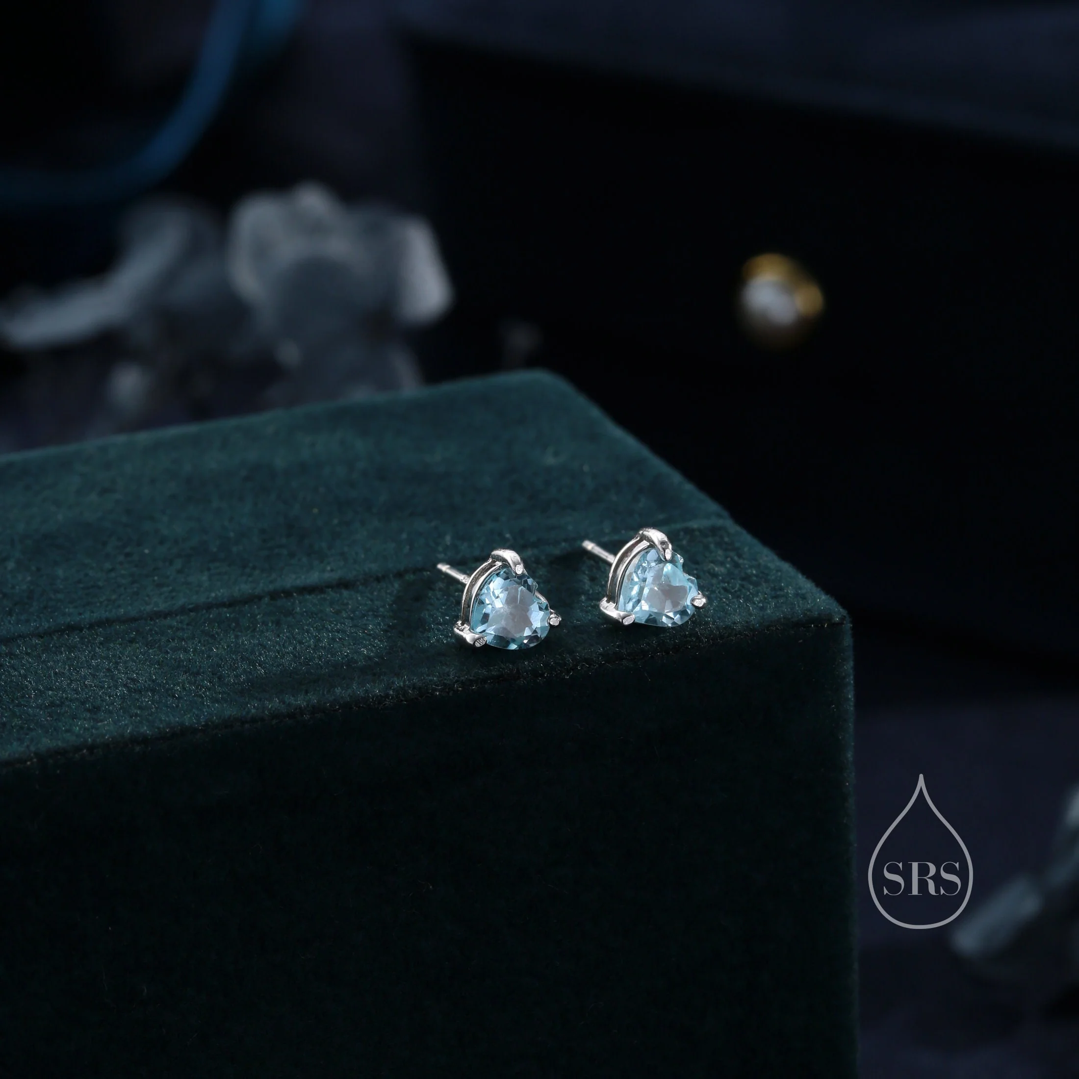 Natural Blue Topaz Stone Heart Stud Earrings in Sterling Silver - Silver or Gold, 5mm Genuine Blue Topaz Crystal Stud Earrings - Image 4