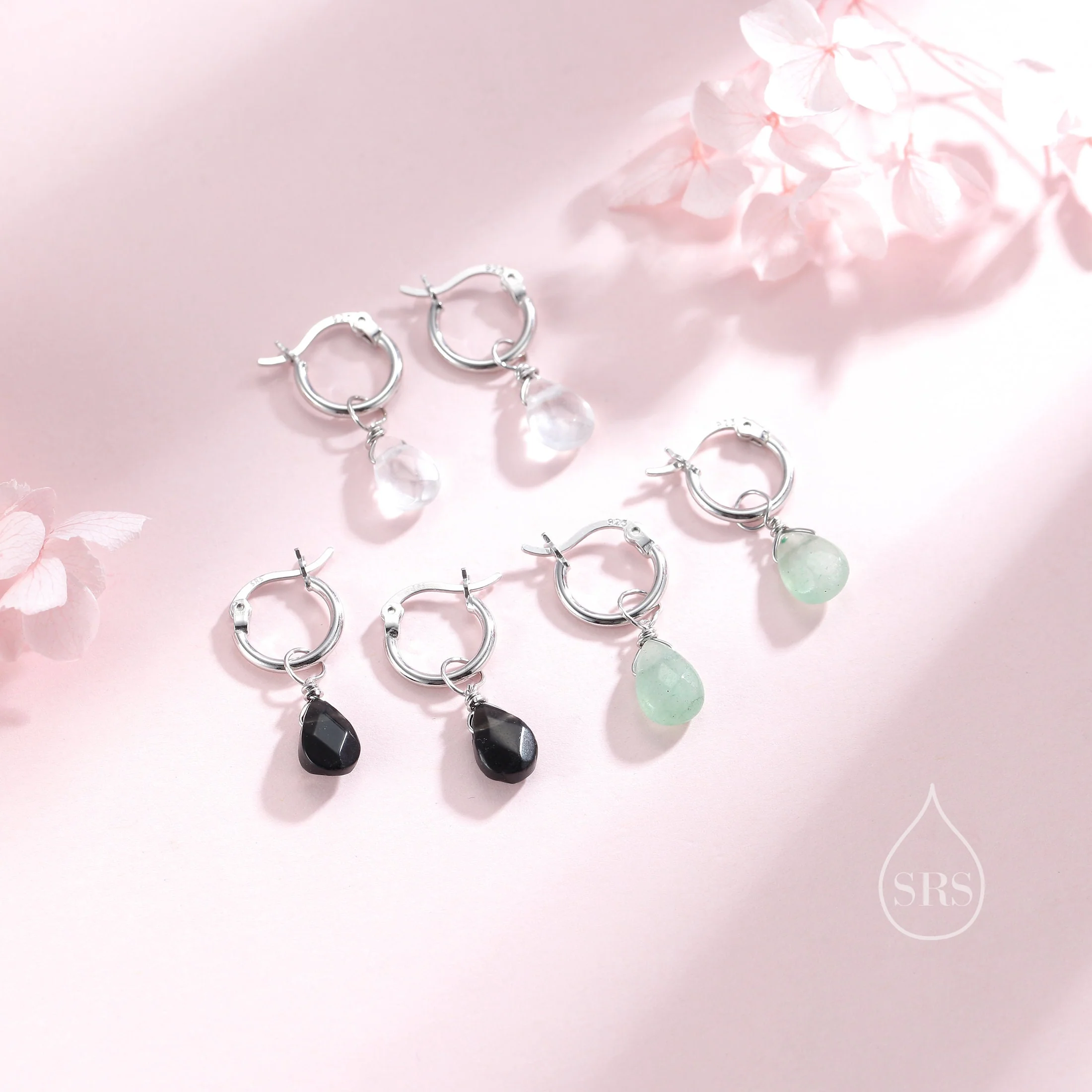 Natural Faceted Crystal Huggie Hoop Earrings in Sterling Silver, Available in Three Stones, Aventurine Jade, Black Onyx and Clear Quartz