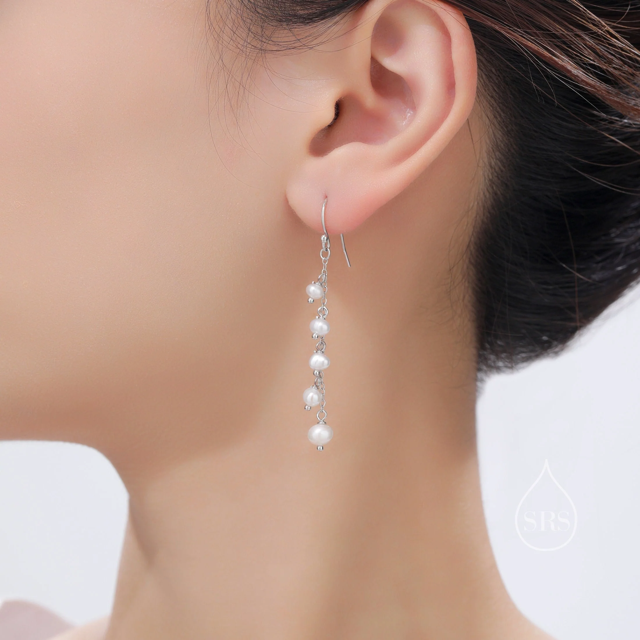 Natural Freshwater Pearl Cluster Drop Dangle Earrings in Sterling Silver, Silver or Gold or Rose Gold, Delicate Pearl Cascade Earrings - Image 2