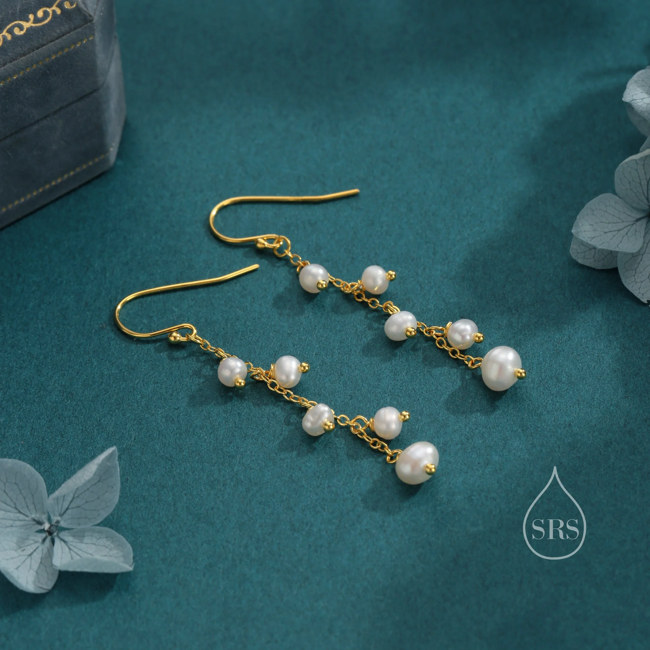 Natural Freshwater Pearl Cluster Drop Dangle Earrings in Sterling Silver, Silver or Gold or Rose Gold, Delicate Pearl Cascade Earrings - Image 5