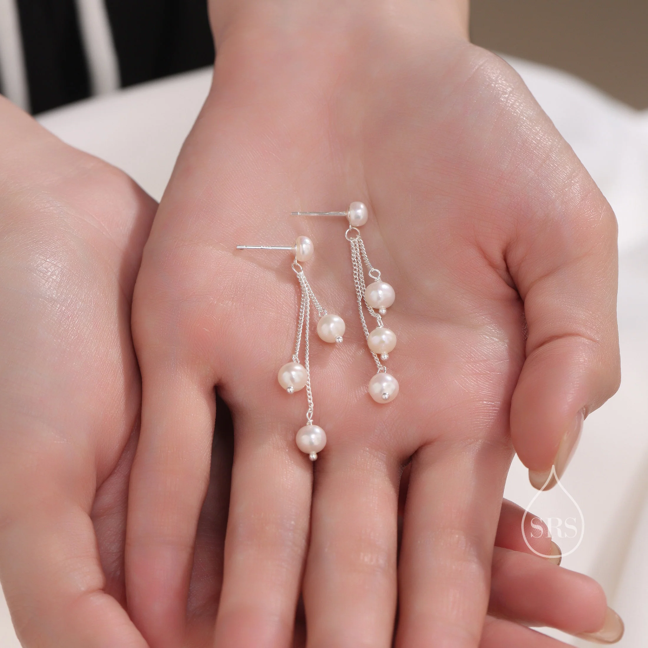 Natural Freshwater Pearl Drop Dangle Earrings in Sterling Silver, Silver or Gold, Delicate Pearl Cascade Earrings, Genuine Pearls - Image 2