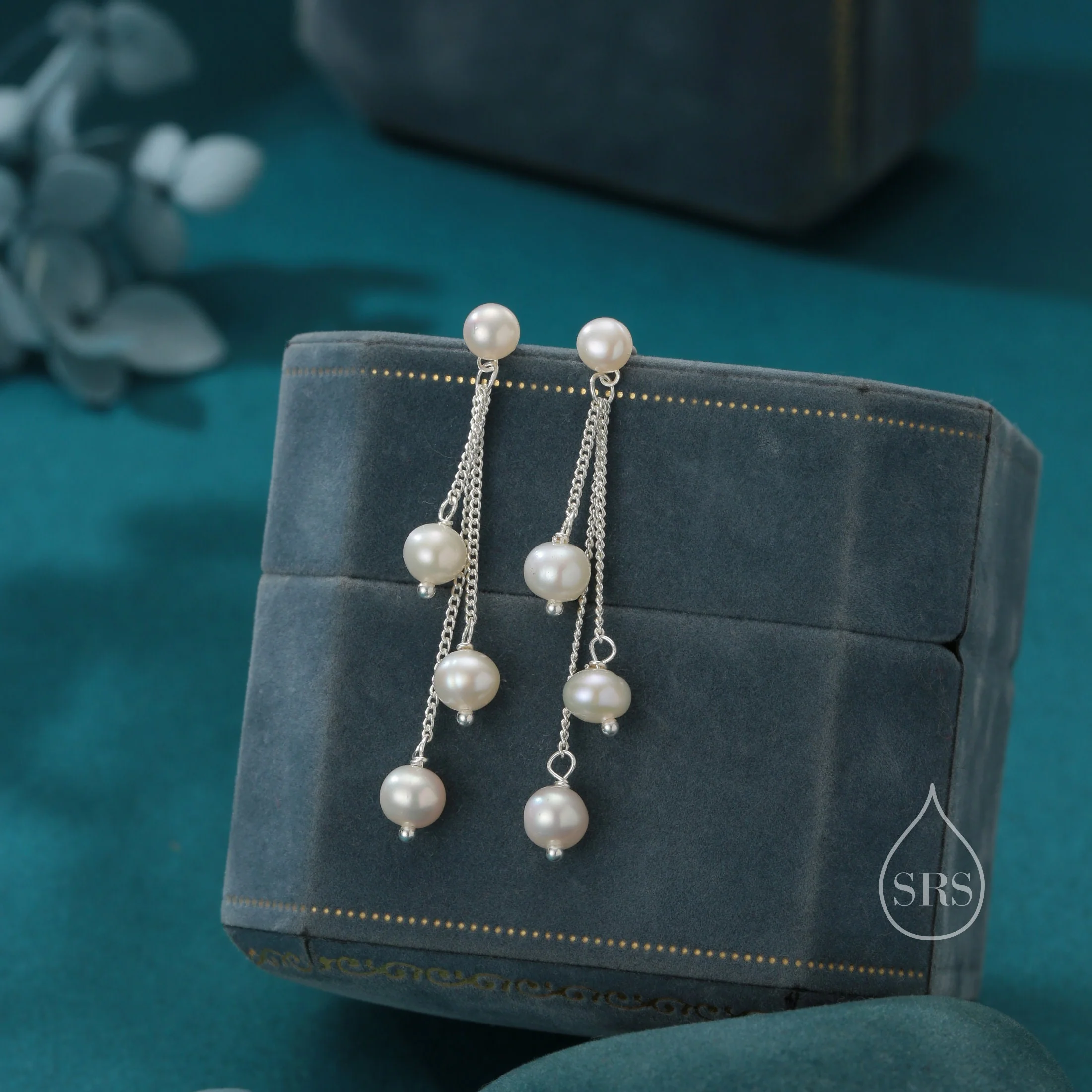 Natural Freshwater Pearl Drop Dangle Earrings in Sterling Silver, Silver or Gold, Delicate Pearl Cascade Earrings, Genuine Pearls - Image 3