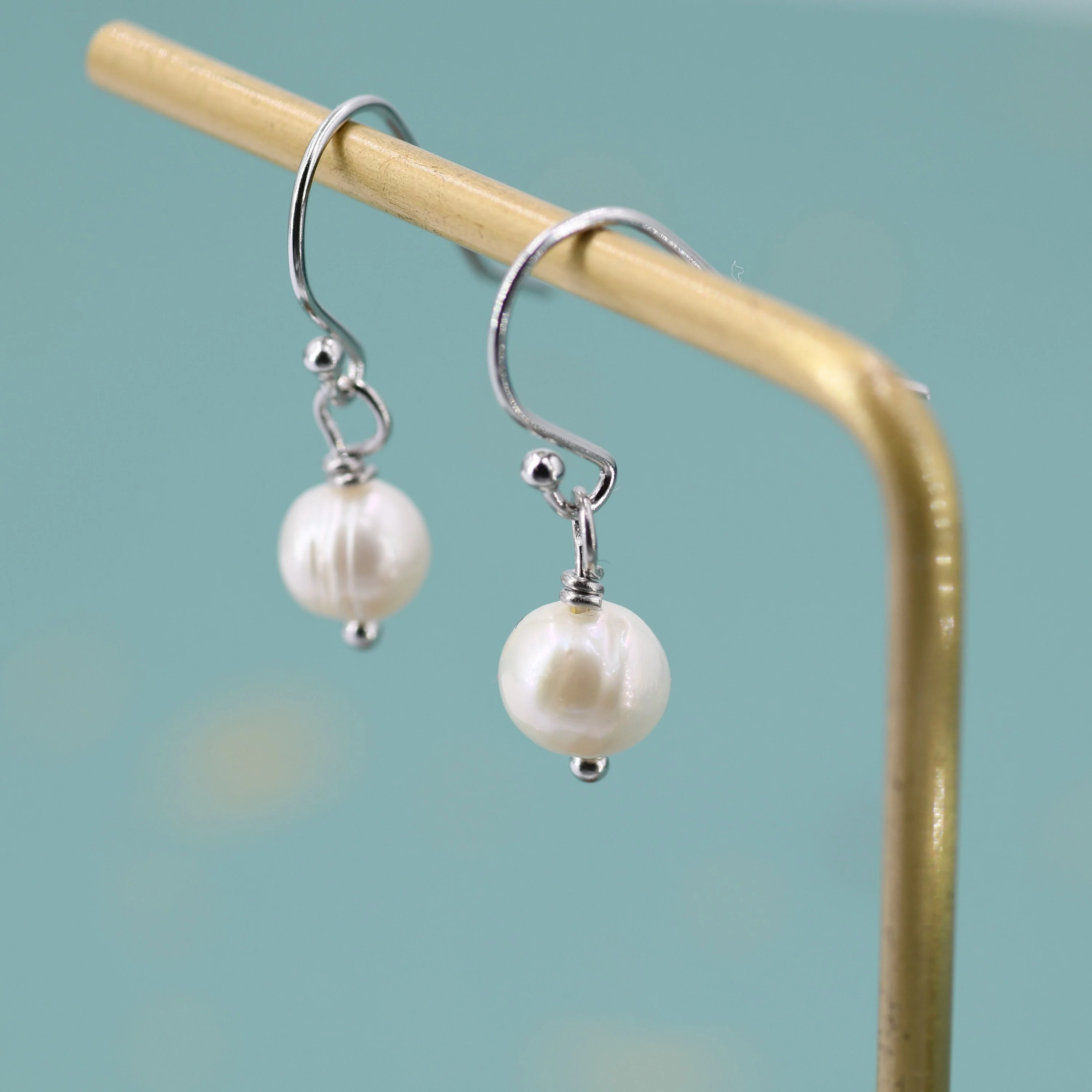 Natural Freshwater Pearl Drop Hook Earrings in Sterling Silver, Silver or Gold, 6mm Irregular Shaped Round Pearl Earrings, Minimalist - Image 2