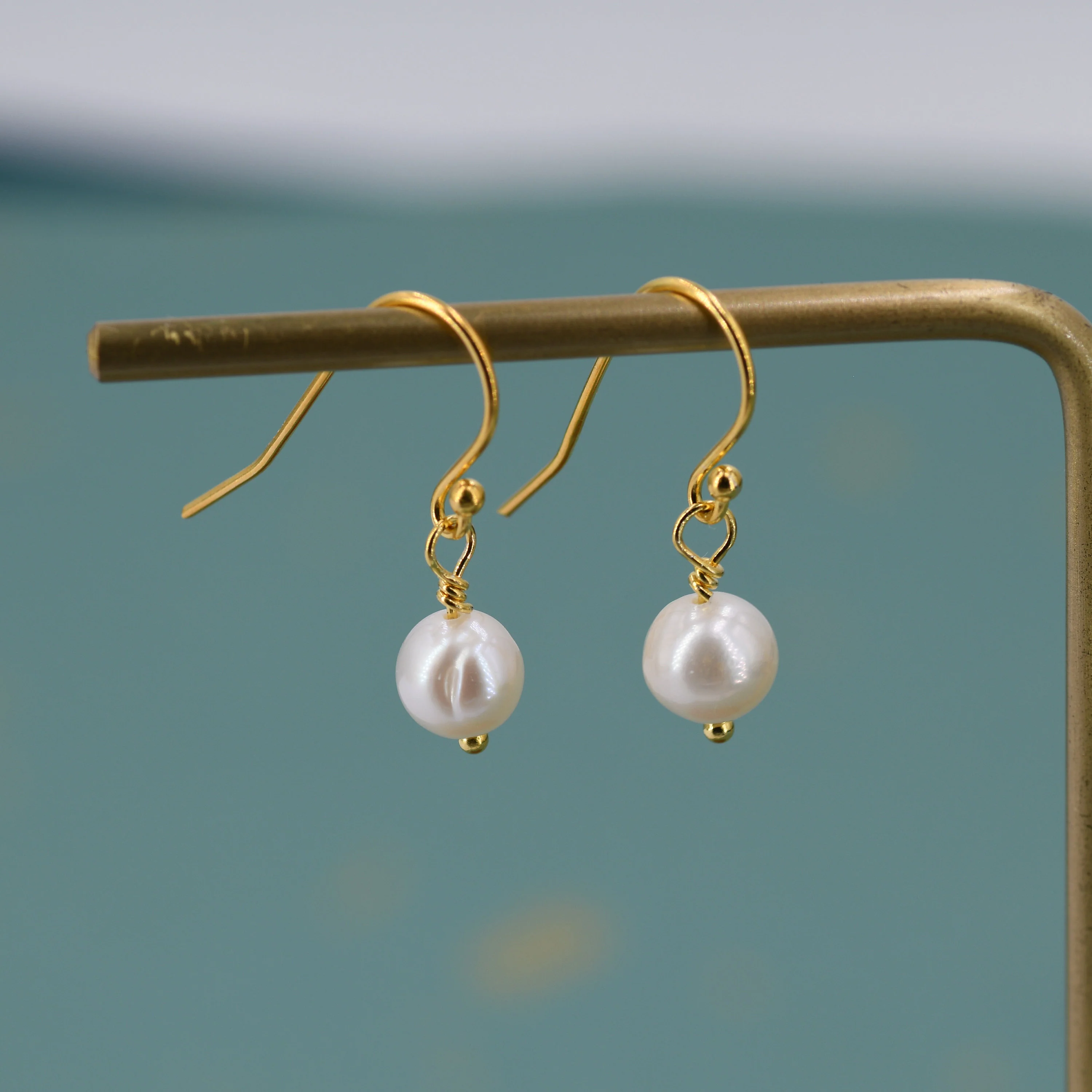 Natural Freshwater Pearl Drop Hook Earrings in Sterling Silver, Silver or Gold, 6mm Irregular Shaped Round Pearl Earrings, Minimalist - Image 5