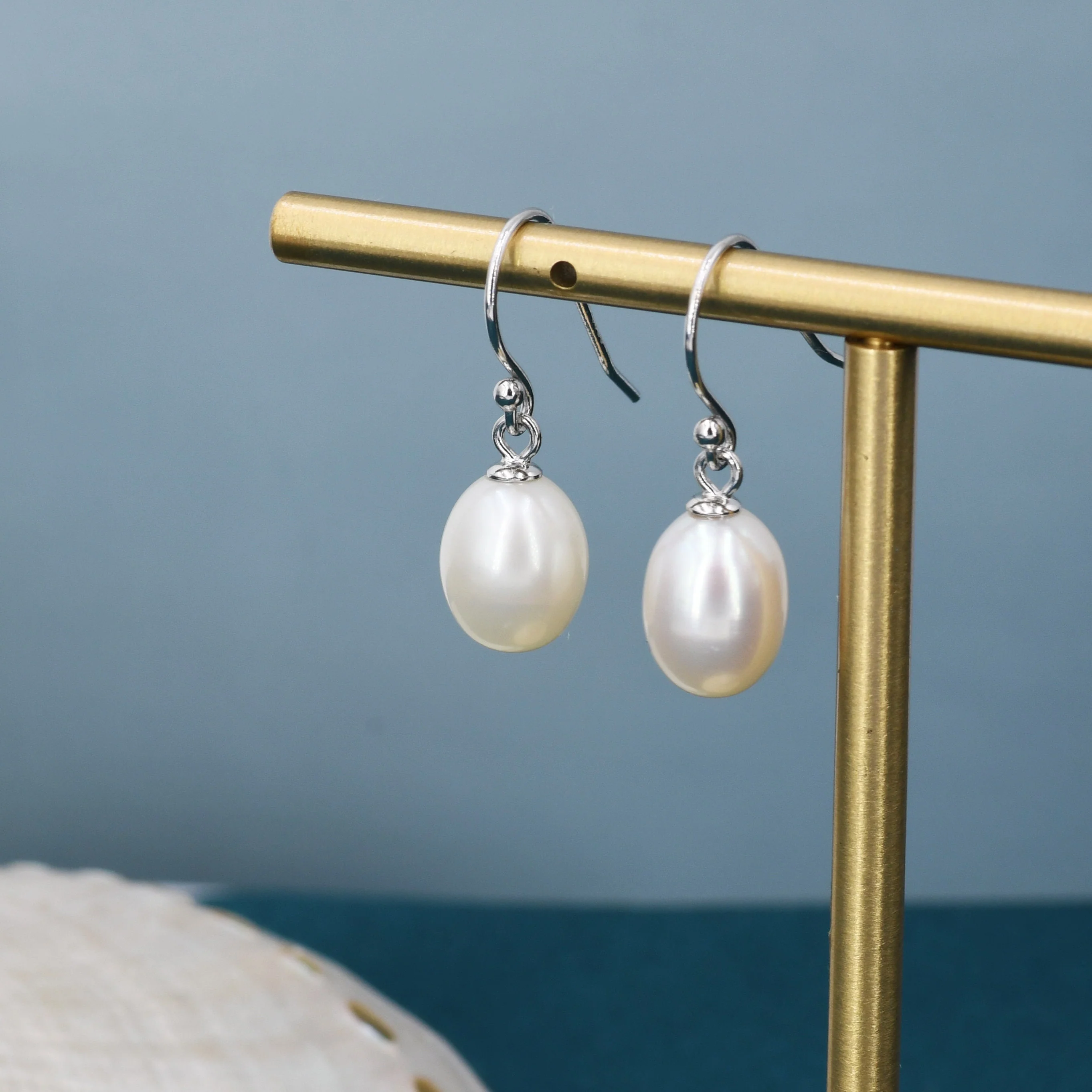 Natural Freshwater Pearl Huggie Drop Hook Earrings in Sterling Silver, Oval Pearl Earrings - Image 3