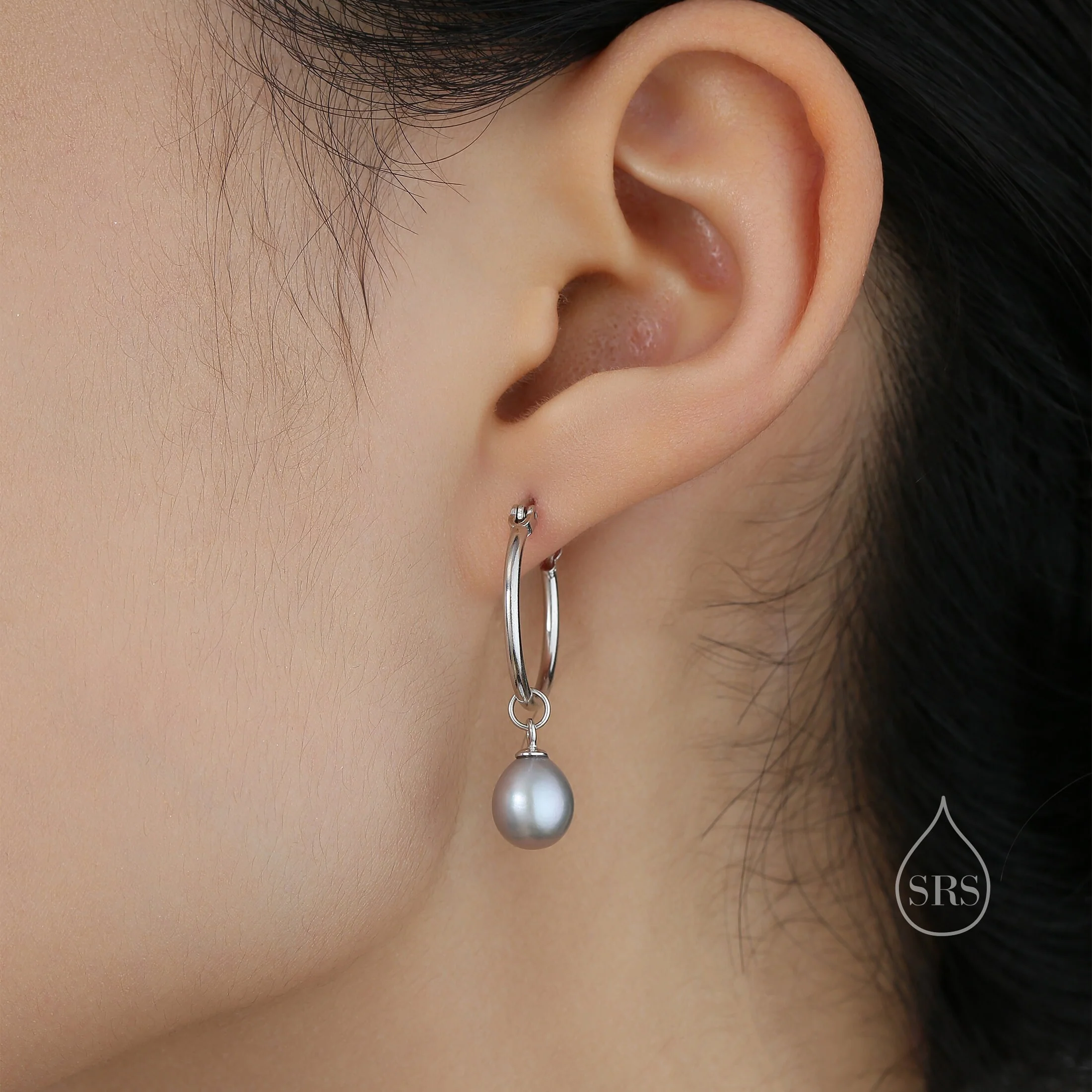 Natural Freshwater Pearl Huggie Hoop Earrings in Sterling Silver, Available in Three Colours, Grey Pearl Earrings, Black Pearl Earrings - Image 9