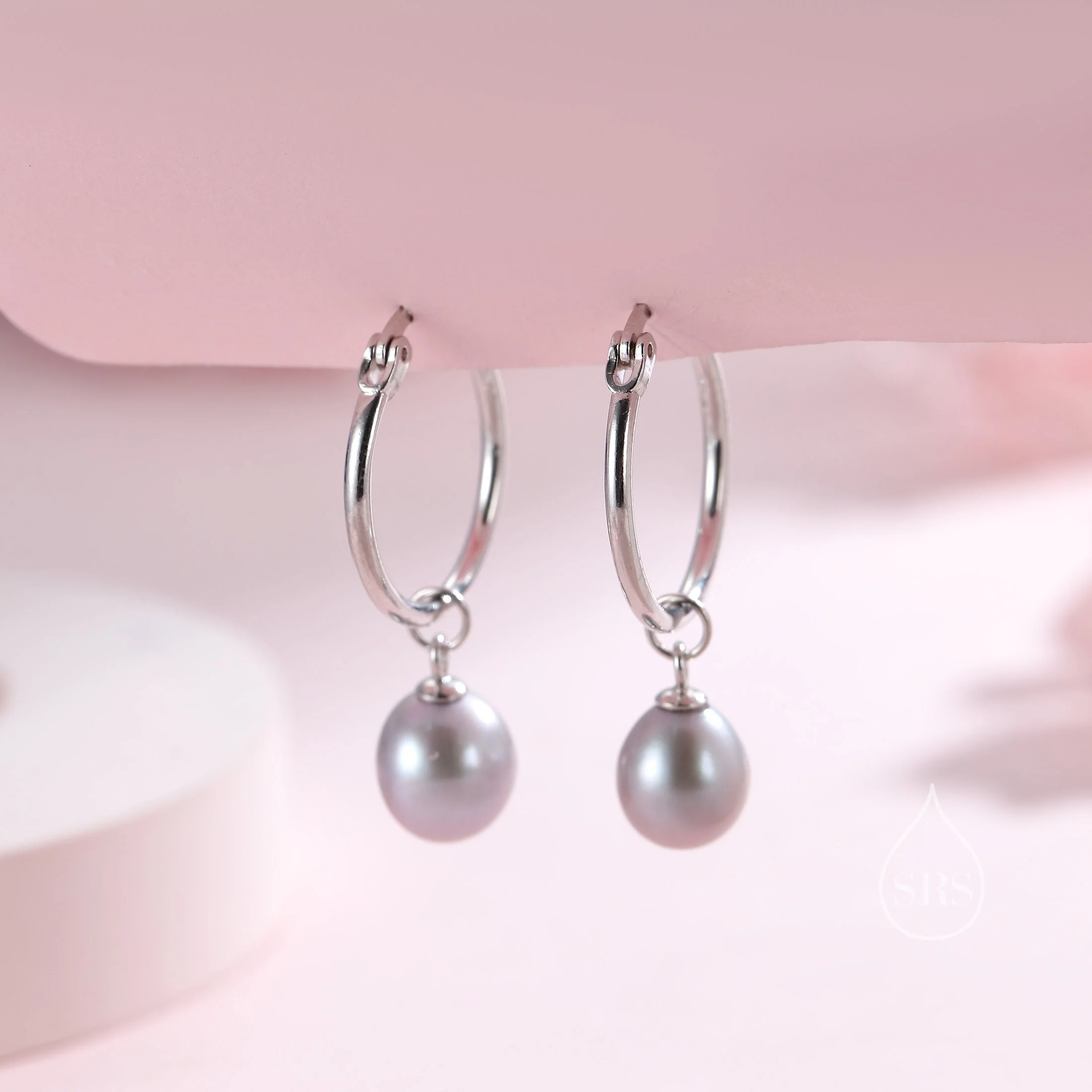 Natural Freshwater Pearl Huggie Hoop Earrings in Sterling Silver, Available in Three Colours, Grey Pearl Earrings, Black Pearl Earrings