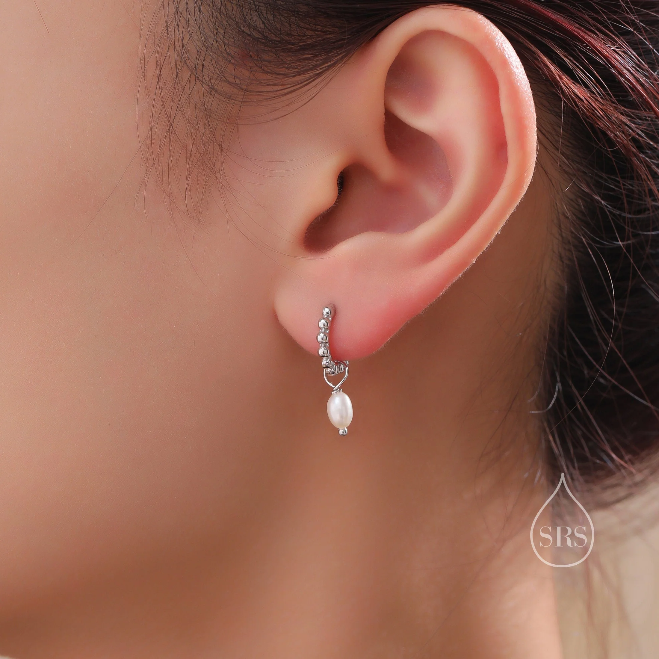 Natural Freshwater Pearl Pebble Huggie Hoop Earrings in Sterling Silver, Simple Pearl Dotted Dangle Earrings, Silver or Gold or Rose Gold - Image 2