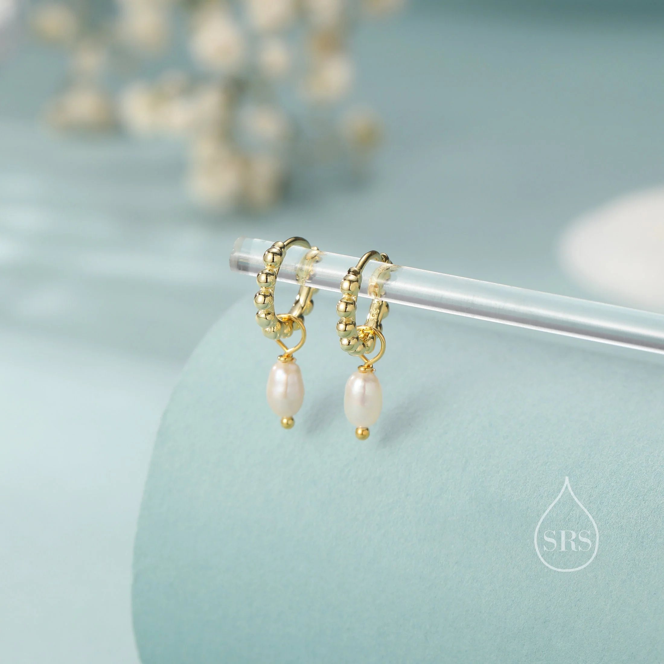 Natural Freshwater Pearl Pebble Huggie Hoop Earrings in Sterling Silver, Simple Pearl Dotted Dangle Earrings, Silver or Gold or Rose Gold - Image 3