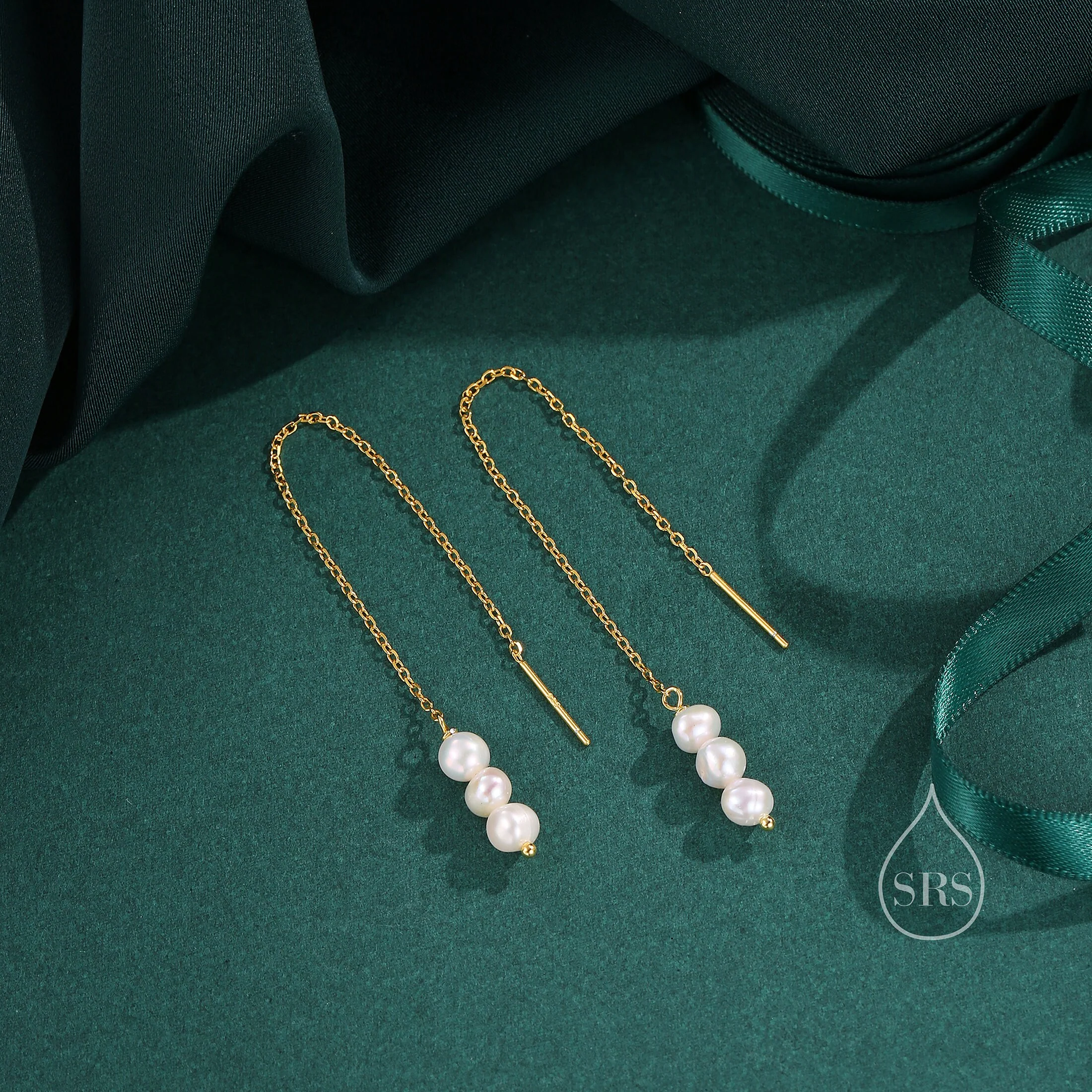 Natural Freshwater Pearl Trio Threader Earrings in Sterling Silver, 9cm Ear Threaders, Long Threaders, Pearl Ear Threaders - Image 3