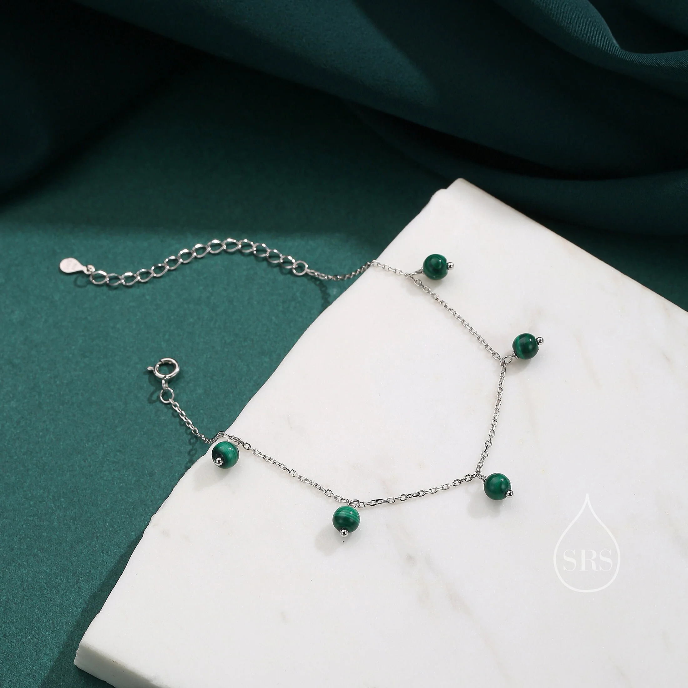 Natural Green Malachite Bracelet in Sterling Silver, Malachite Beaded Bracelet, Silver Malachite Bracelet - Image 3