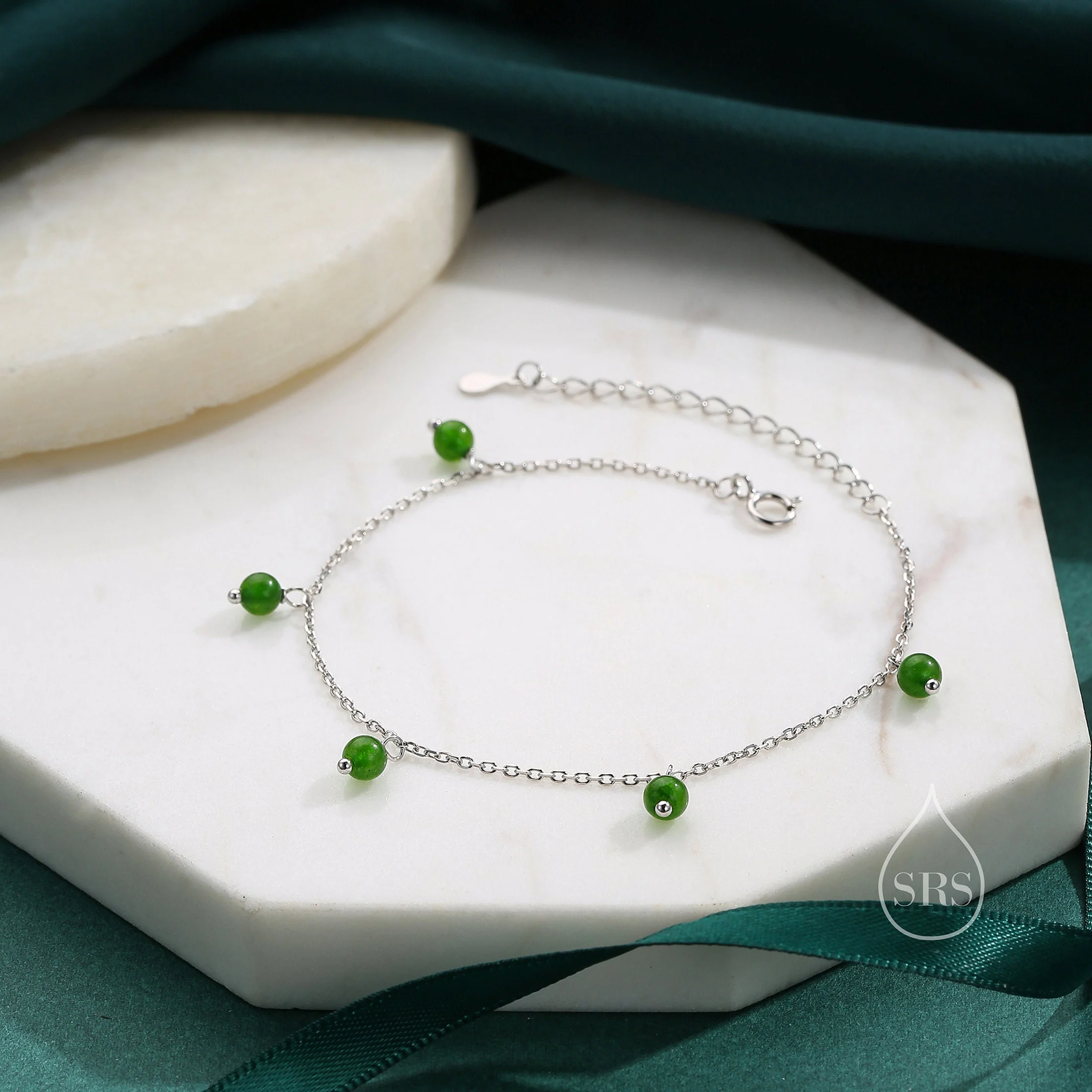 Natural Green Onyx Bracelet in Sterling Silver, Green Onyx Beaded Bracelet, Silver Green Onyx Bracelet - Image 2