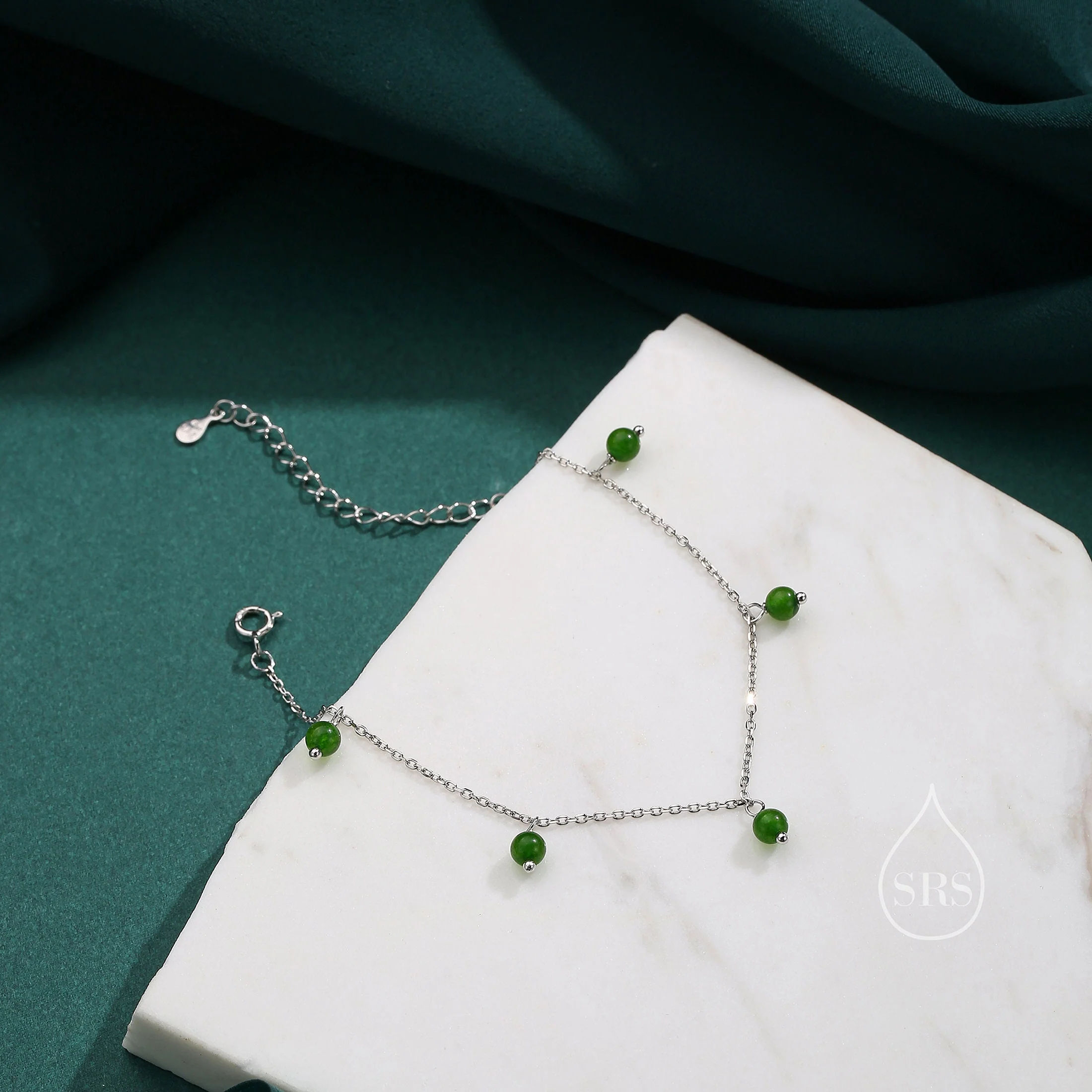 Natural Green Onyx Bracelet in Sterling Silver, Green Onyx Beaded Bracelet, Silver Green Onyx Bracelet - Image 3
