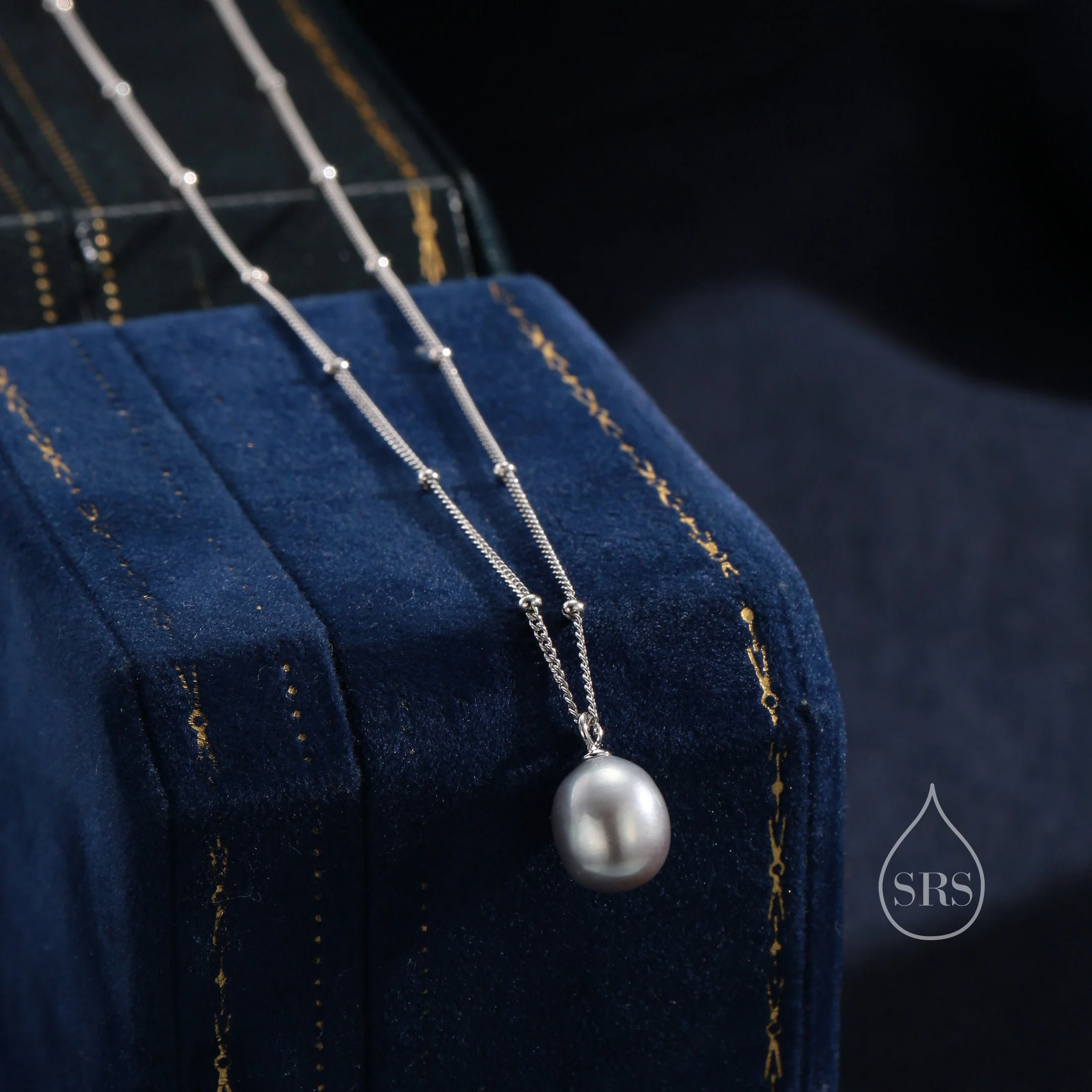 Natural Grey Pearl Necklace in Sterling Silver with a Satellite Chain, Genuine Oval Freshwater Pearl Pendant Necklace in Sterling Silver - Image 4