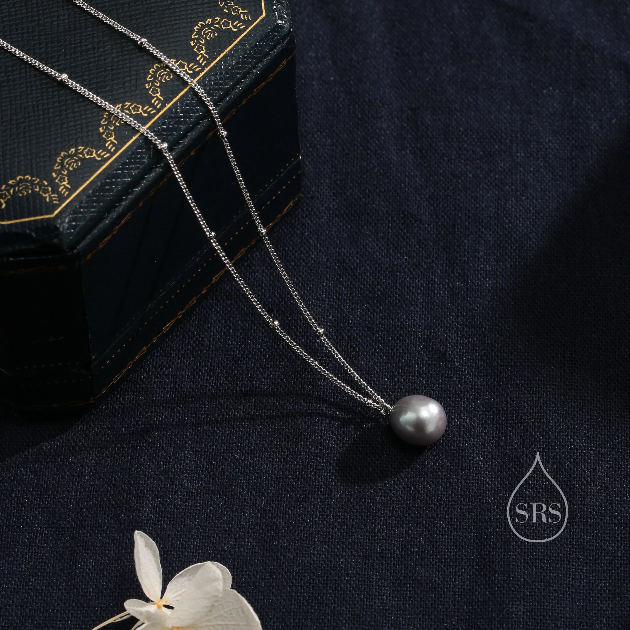 Natural Grey Pearl Necklace in Sterling Silver with a Satellite Chain, Genuine Oval Freshwater Pearl Pendant Necklace in Sterling Silver - Image 5