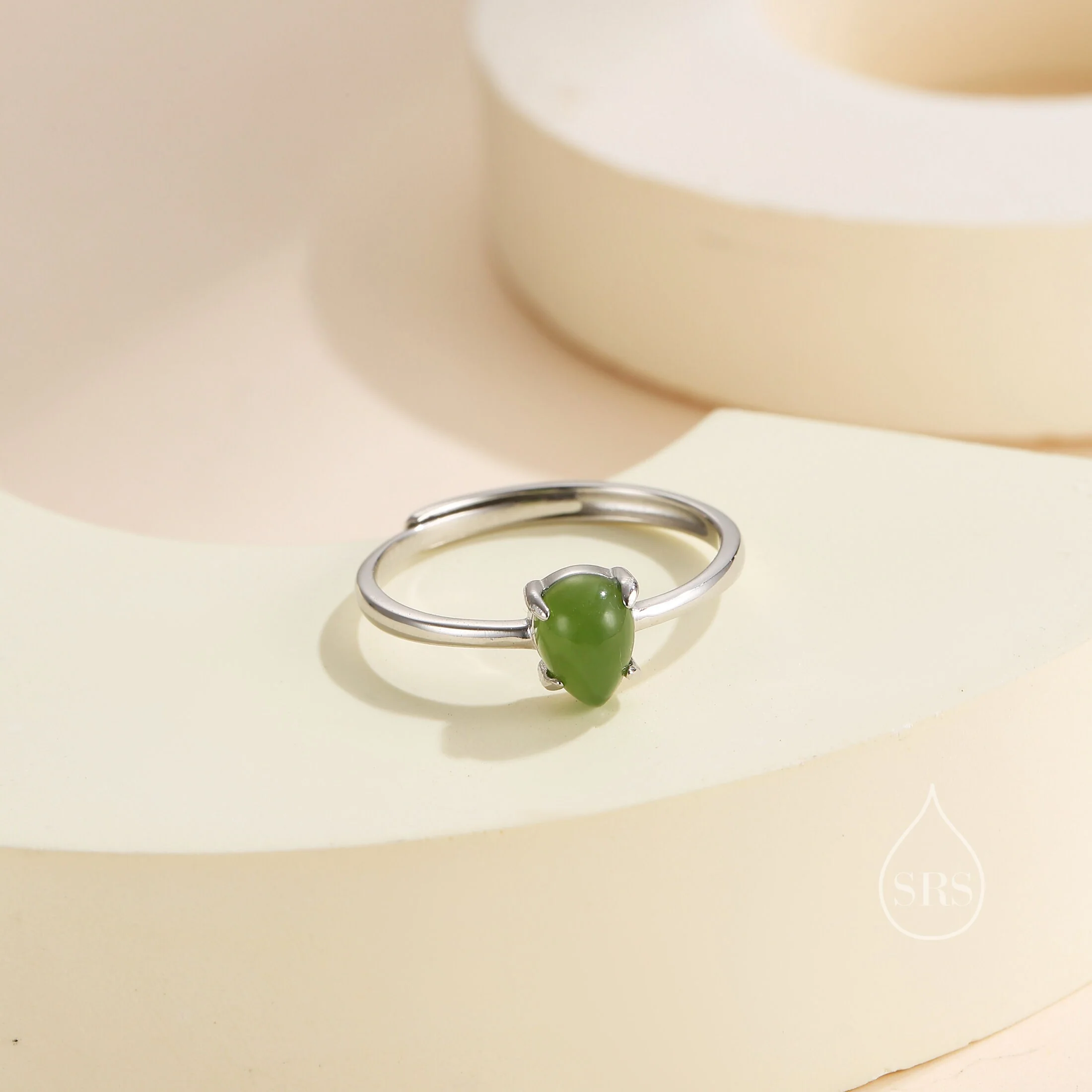 Natural Jasper Jade Droplet Ring in Sterling Silver, 4x6mm, Prong Set Pear Cut, Adjustable Size, Genuine Jade Ring - Image 4