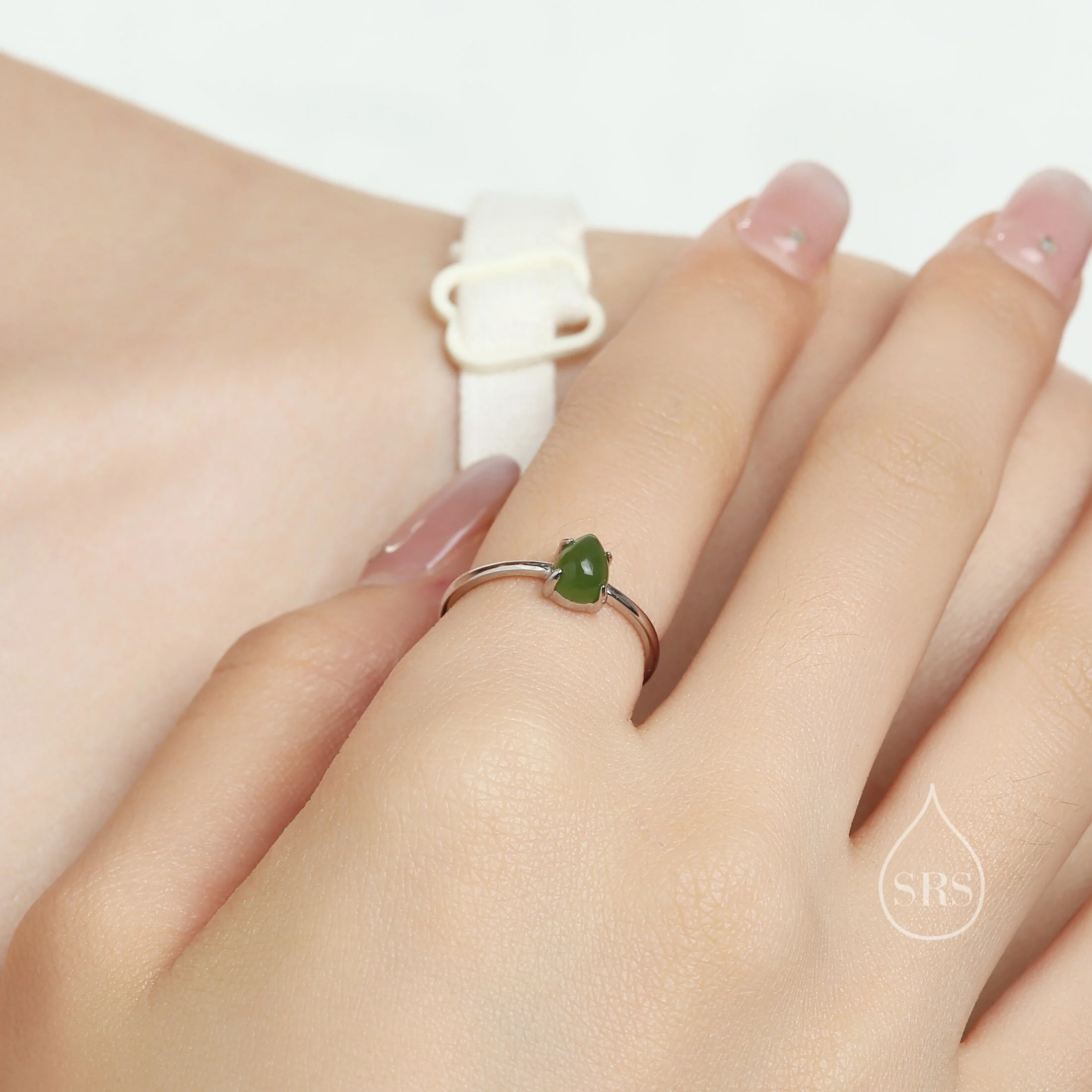Natural Jasper Jade Droplet Ring in Sterling Silver, 4x6mm, Prong Set Pear Cut, Adjustable Size, Genuine Jade Ring - Image 8