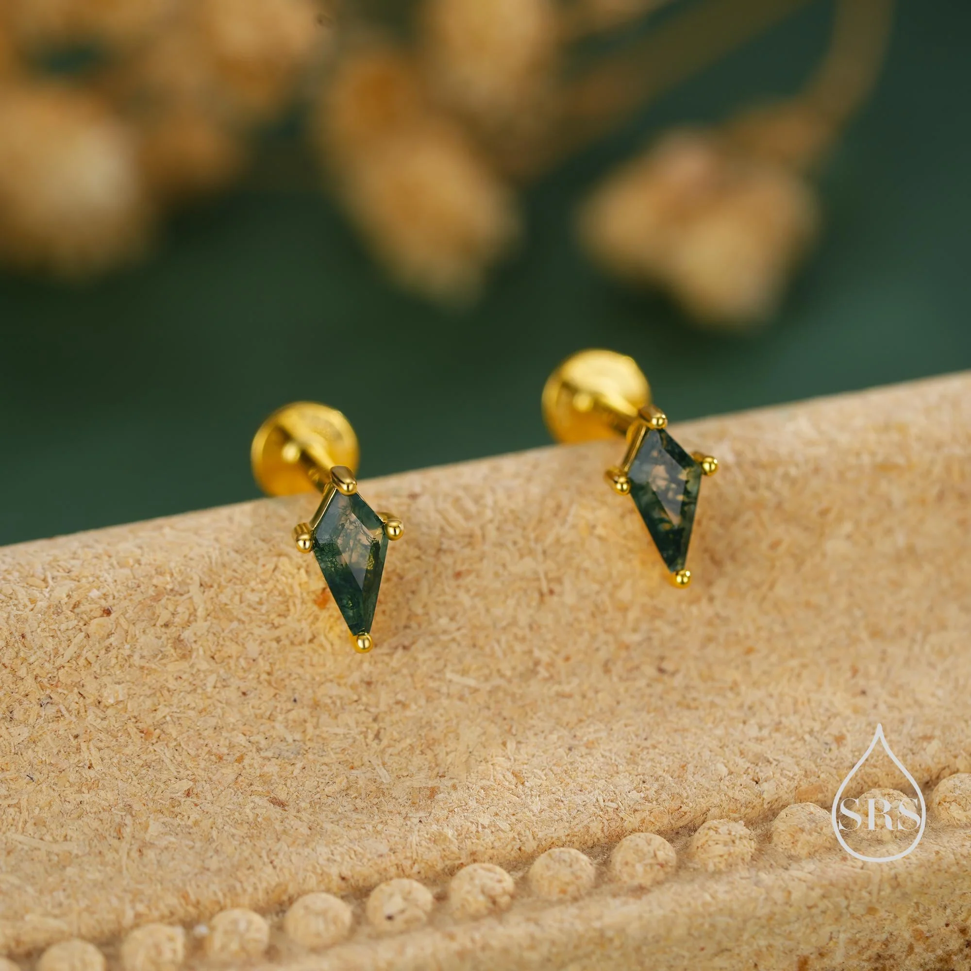 Natural Kite Cut Moss Agate Internally Threaded Flat Back Earrings in Sterling Silver, Rhombus Shape Genuine Moss Agate Gemstone Stud - Image 3
