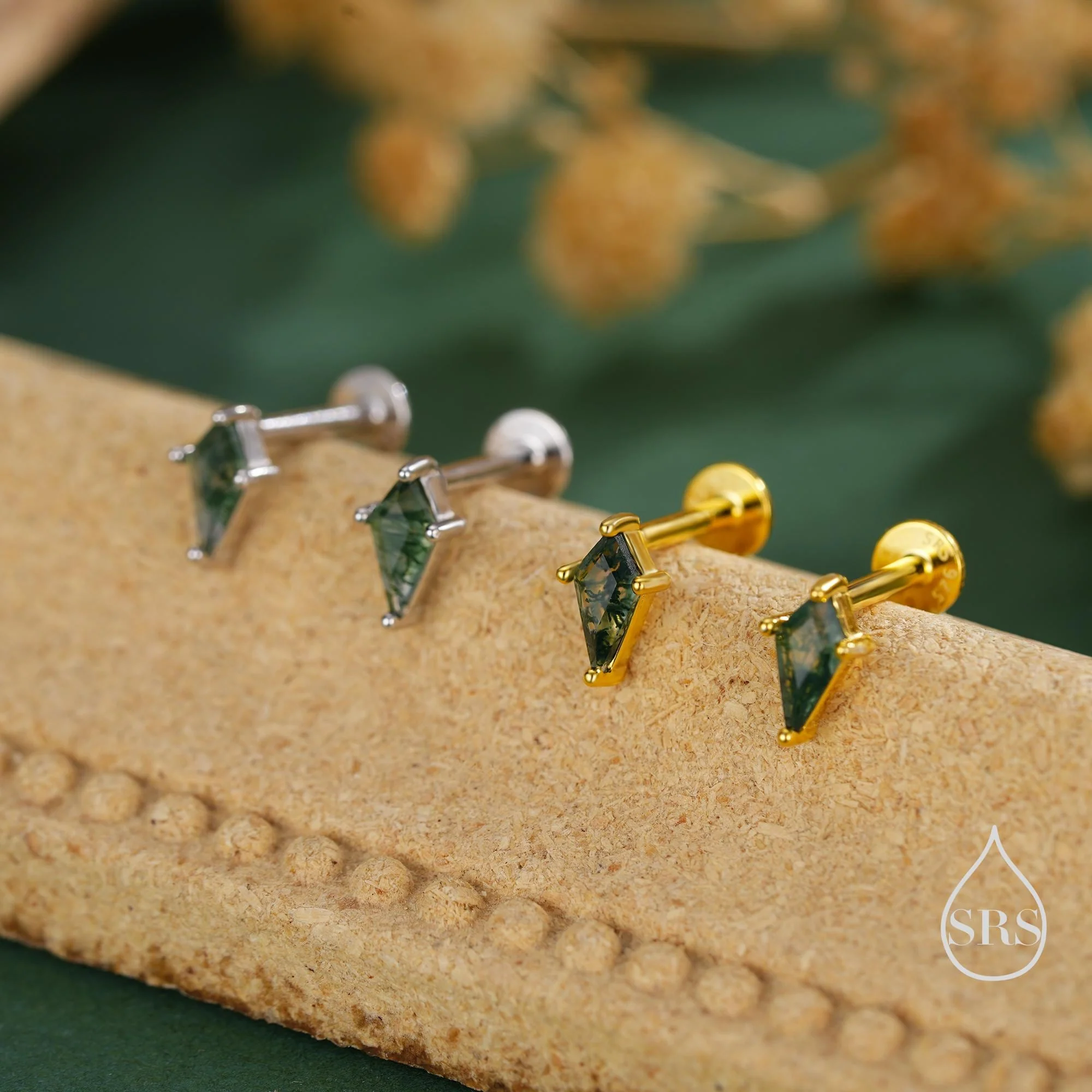 Natural Kite Cut Moss Agate Internally Threaded Flat Back Earrings in Sterling Silver, Rhombus Shape Genuine Moss Agate Gemstone Stud - Image 4