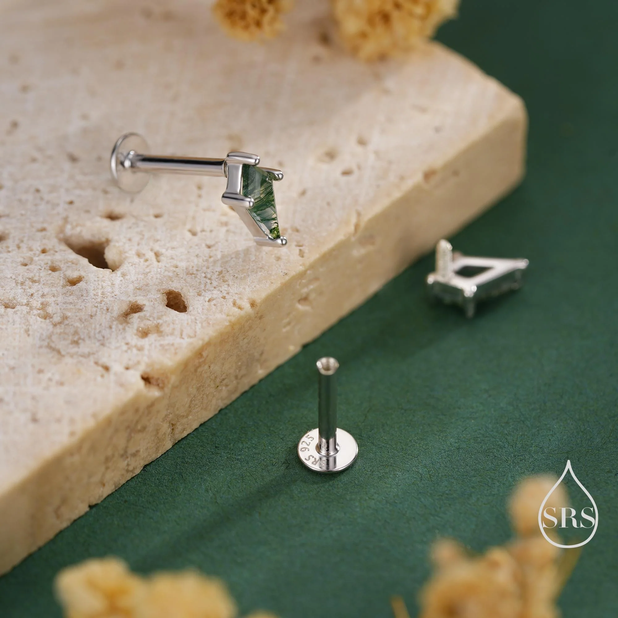 Natural Kite Cut Moss Agate Internally Threaded Flat Back Earrings in Sterling Silver, Rhombus Shape Genuine Moss Agate Gemstone Stud - Image 9