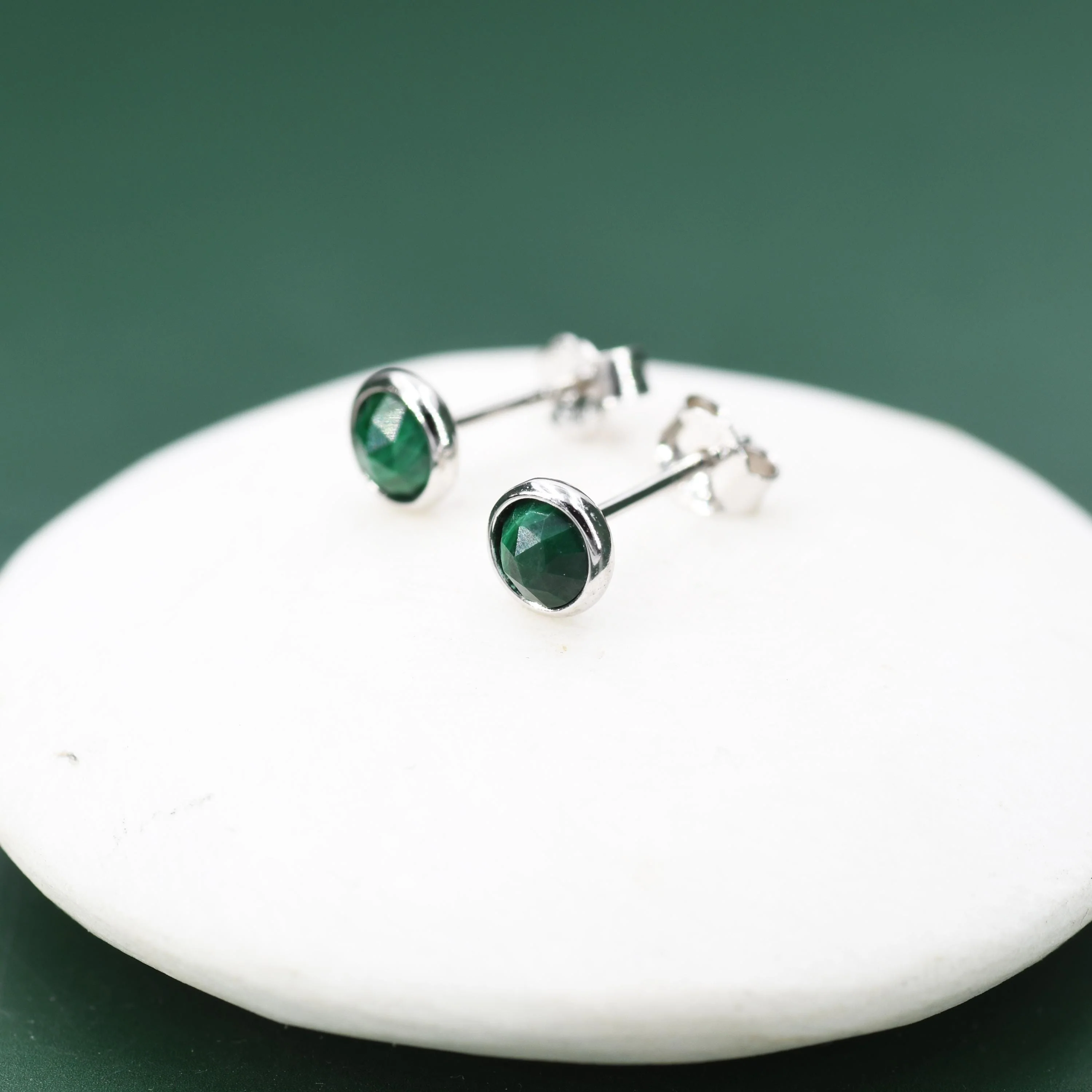 Natural Malachite Stone Stud Earrings in Sterling Silver - 4mm Rose Cut Genuine Malachite Stud Earrings - Semi Precious Gemstone - Image 4