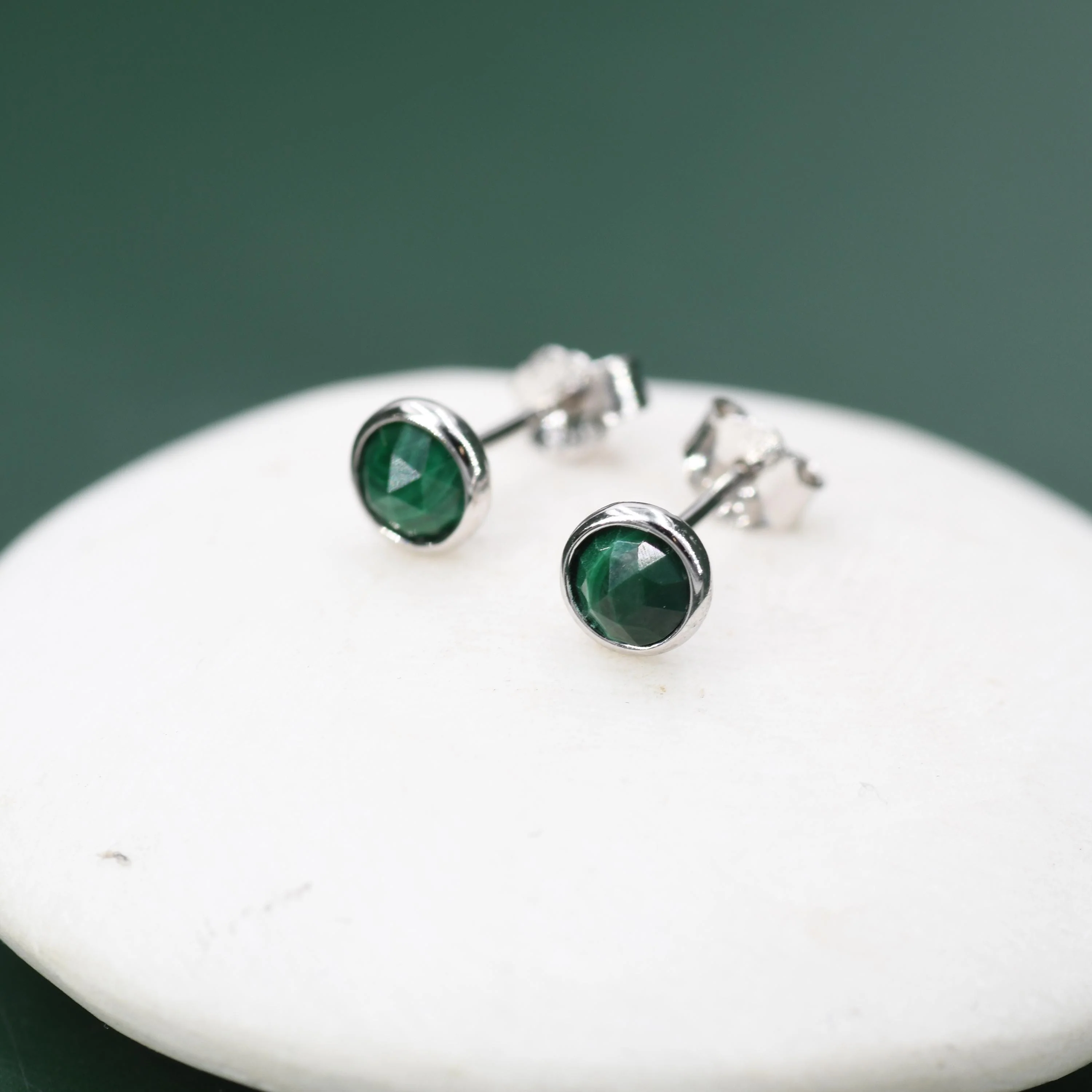 Natural Malachite Stone Stud Earrings in Sterling Silver - 4mm Rose Cut Genuine Malachite Stud Earrings - Semi Precious Gemstone - Image 5
