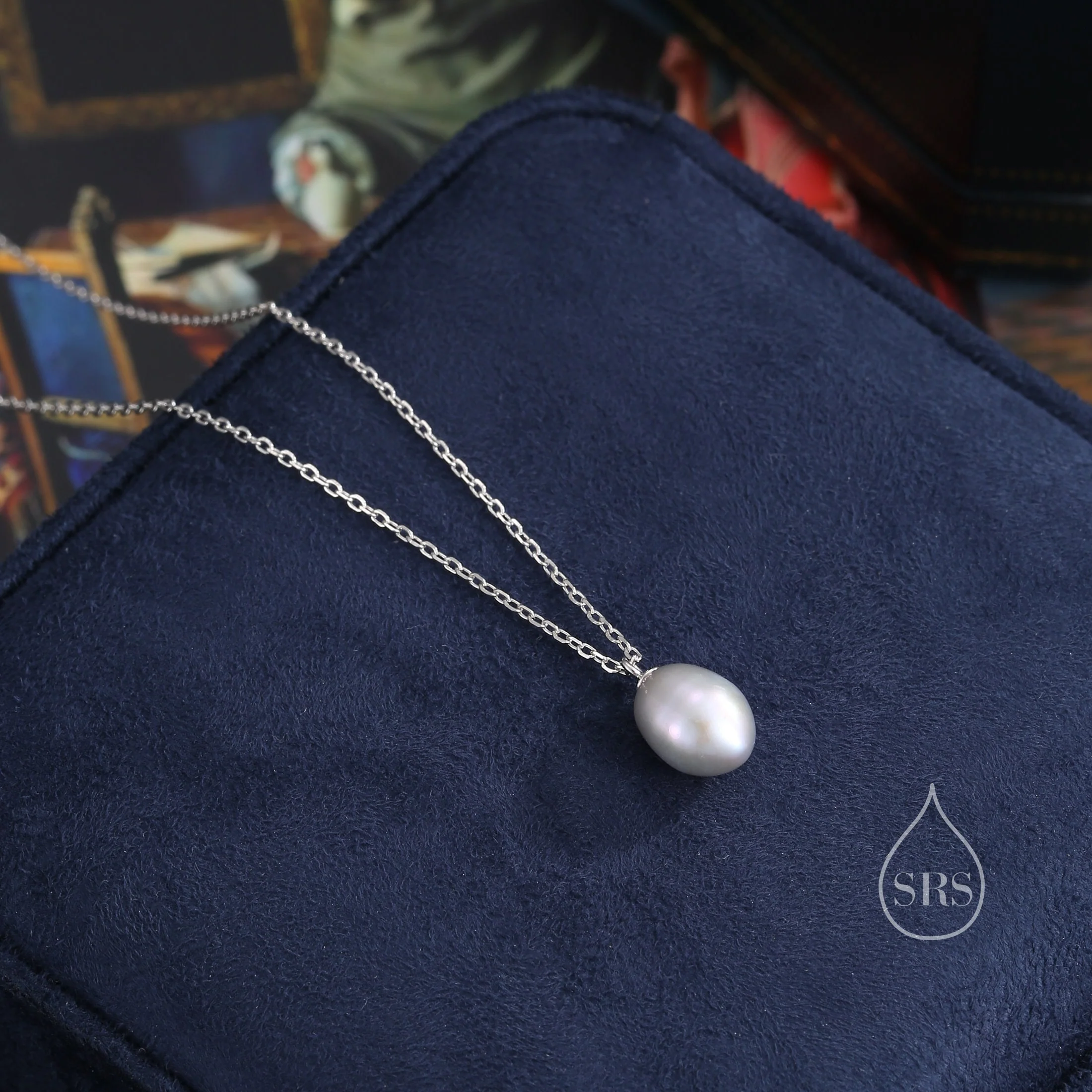 Natural Metallic Grey Pearl Necklace in Sterling Silver, Genuine Freshwater Pearl Pendant Necklace in Sterling Silver, Oval Pearl - Image 3