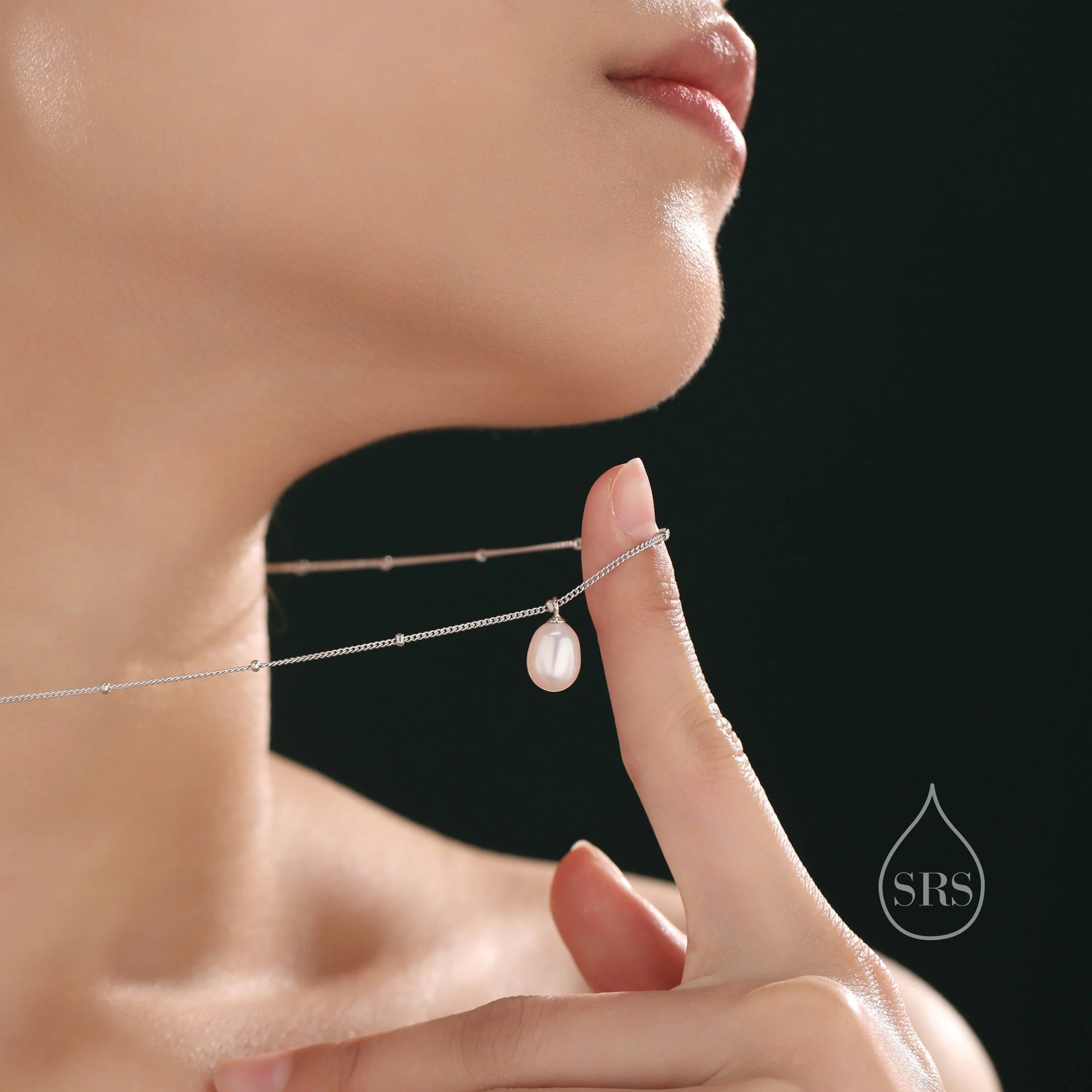 Natural Oval Pearl Necklace in Sterling Silver with a Satellite Chain, Genuine Oval Freshwater Pearl Pendant Necklace in Sterling Silver - Image 3