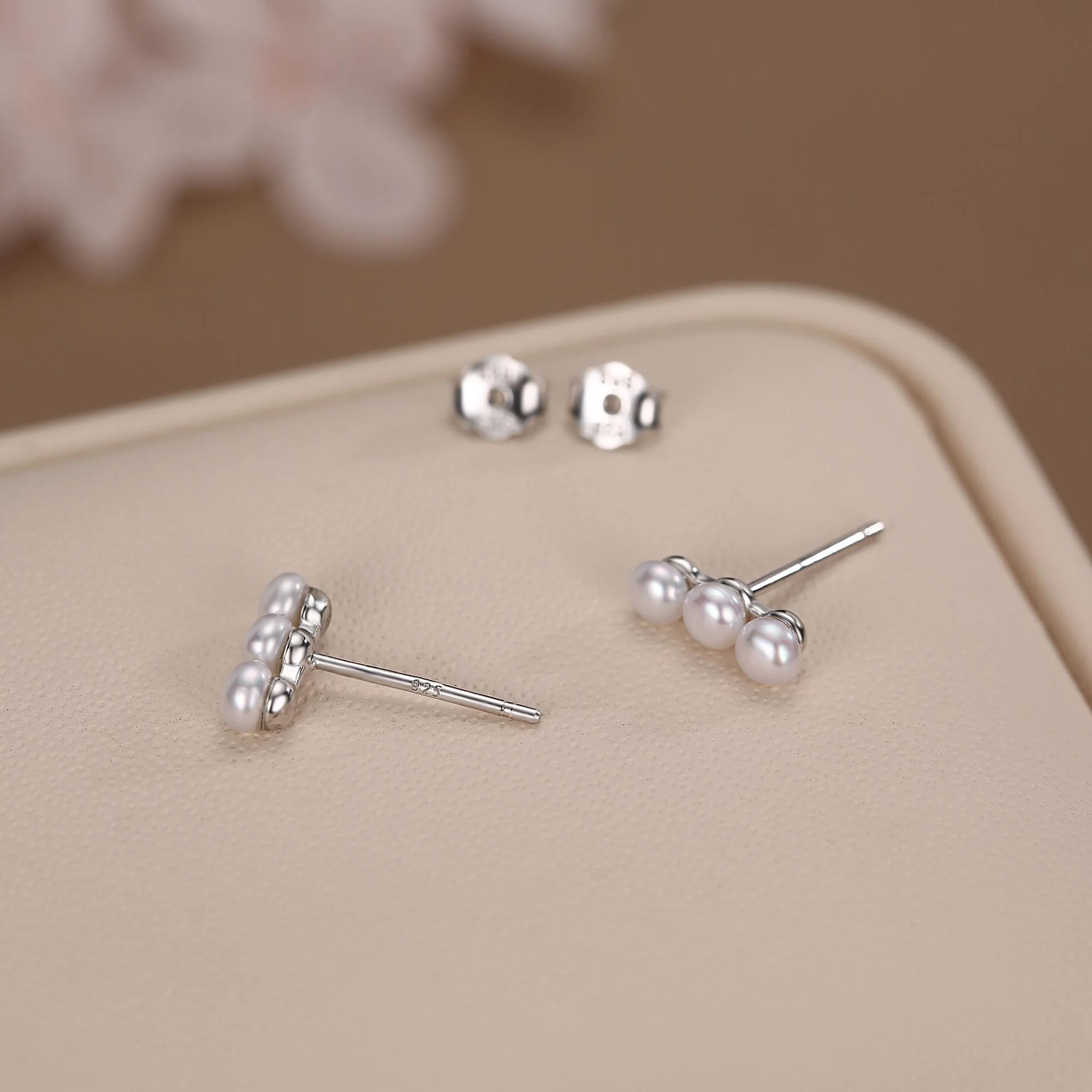 Natural Pearl Trio Stud Earrings in Sterling Silver, Freshwater Pearl Bar Earrings, Silver or Gold or Rose Gold, Pearl Earrings, Pearl Stud - Image 5