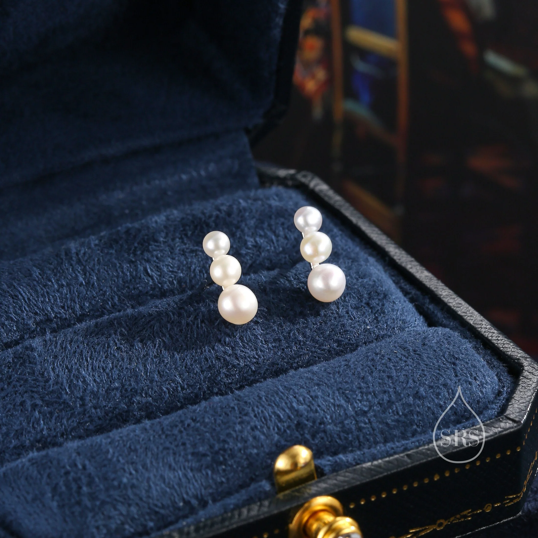 Natural Pearl Trio Stud Earrings in Sterling Silver, Freshwater Pearl Mini Bar Earrings, Silver or Gold, Pearl Earrings, Pearl Stud - Image 3