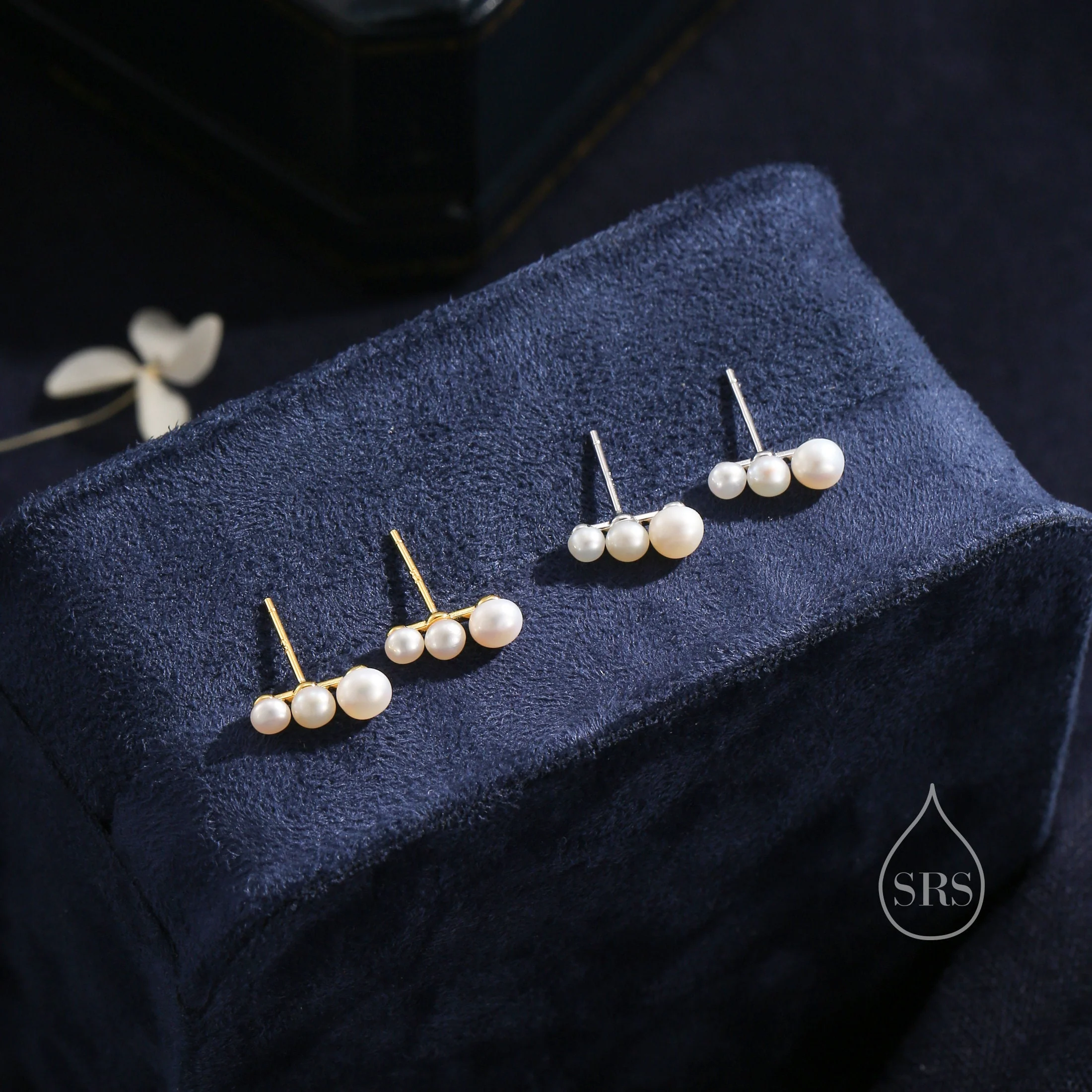 Natural Pearl Trio Stud Earrings in Sterling Silver, Freshwater Pearl Mini Bar Earrings, Silver or Gold, Pearl Earrings, Pearl Stud - Image 4