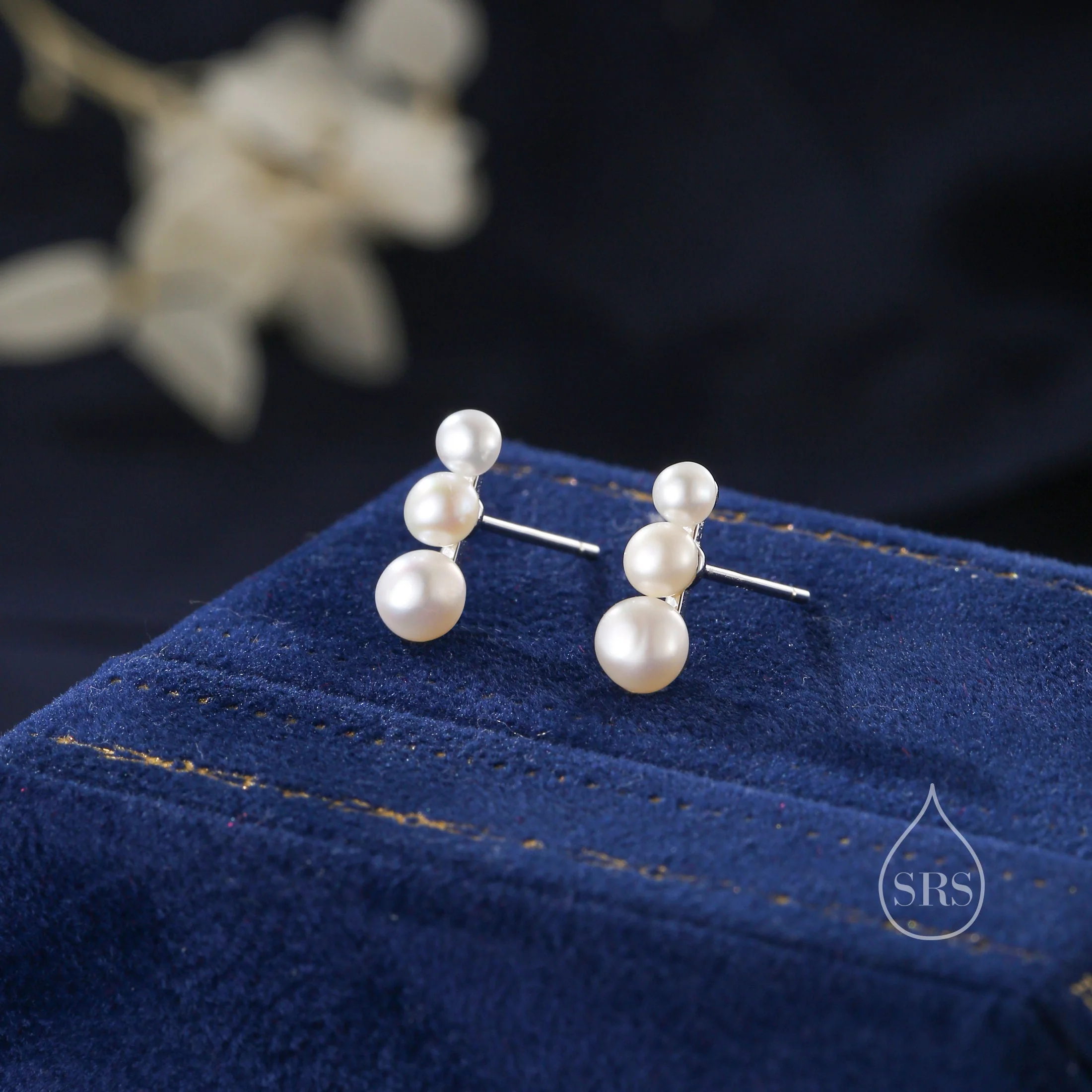 Natural Pearl Trio Stud Earrings in Sterling Silver, Freshwater Pearl Mini Bar Earrings, Silver or Gold, Pearl Earrings, Pearl Stud - Image 5