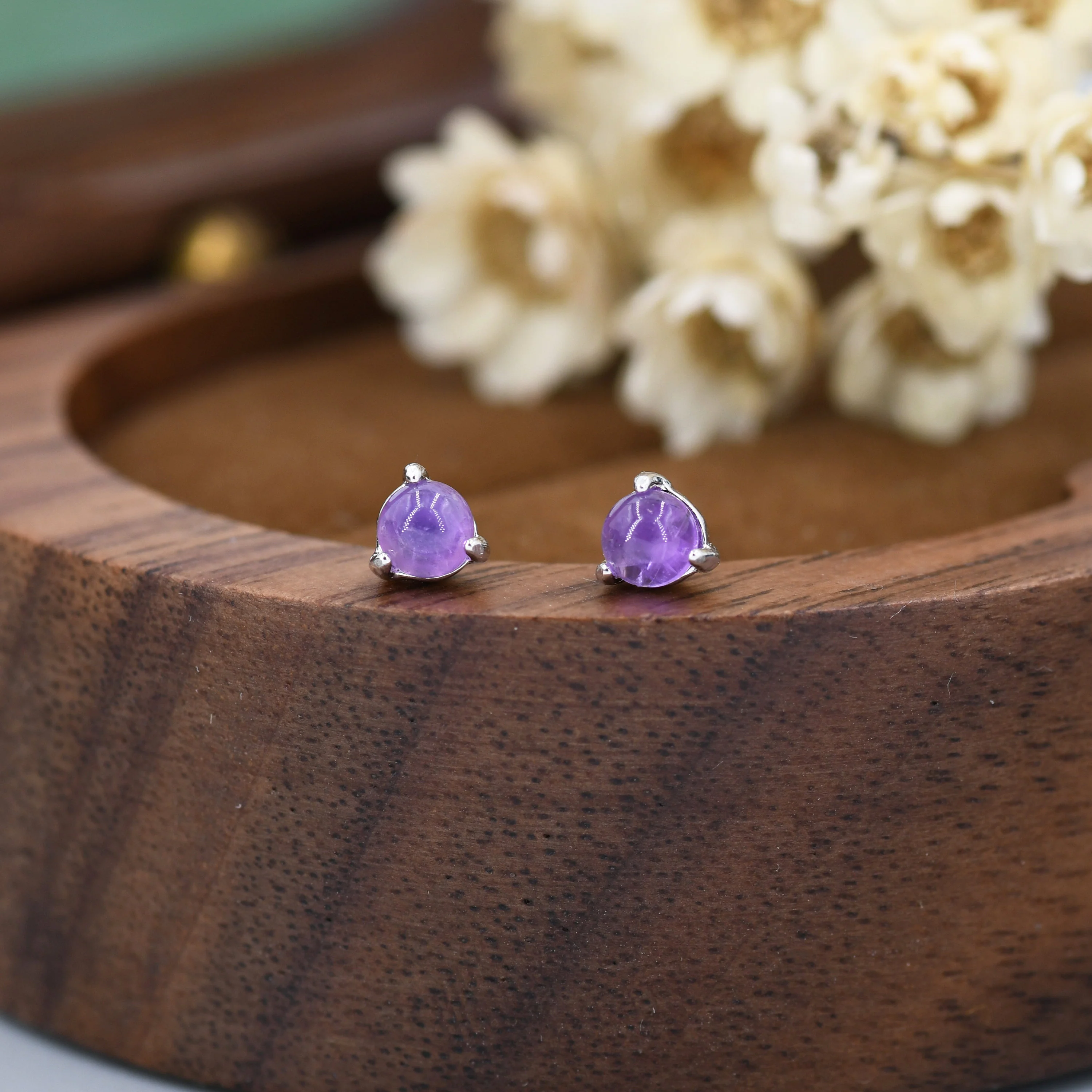 Natural Purple Amethyst Stud Earrings in Sterling Silver, Semi-Precious Gemstone Earrings, 3mm and 3 prong Genuine Amethyst Earrings - Image 2