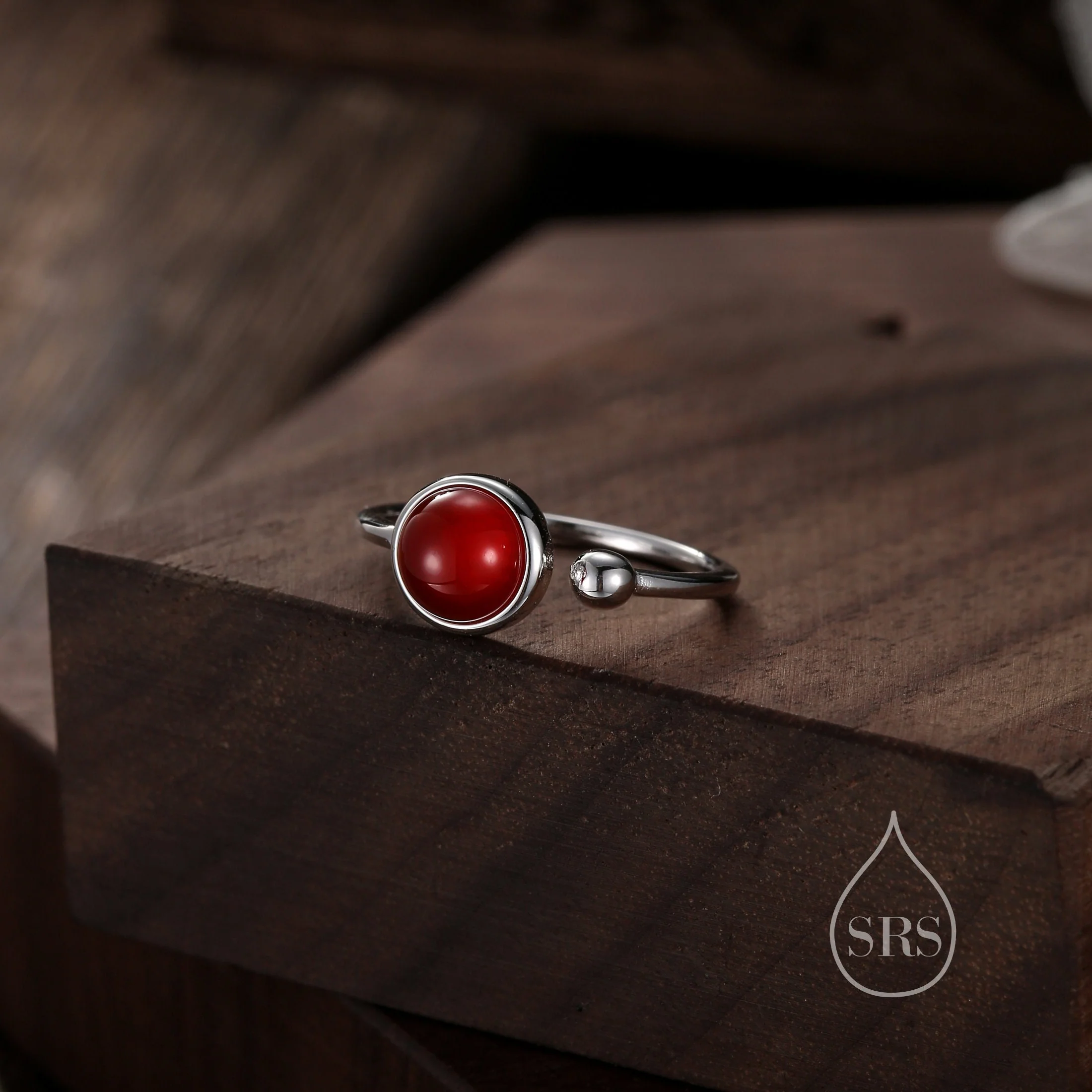 Natural Red Carnelian Open Ring in Sterling Silver, 6mm Red Onyx Stone, Bezel Set, Adjustable Size, Red Chalcedony Ring - Image 2