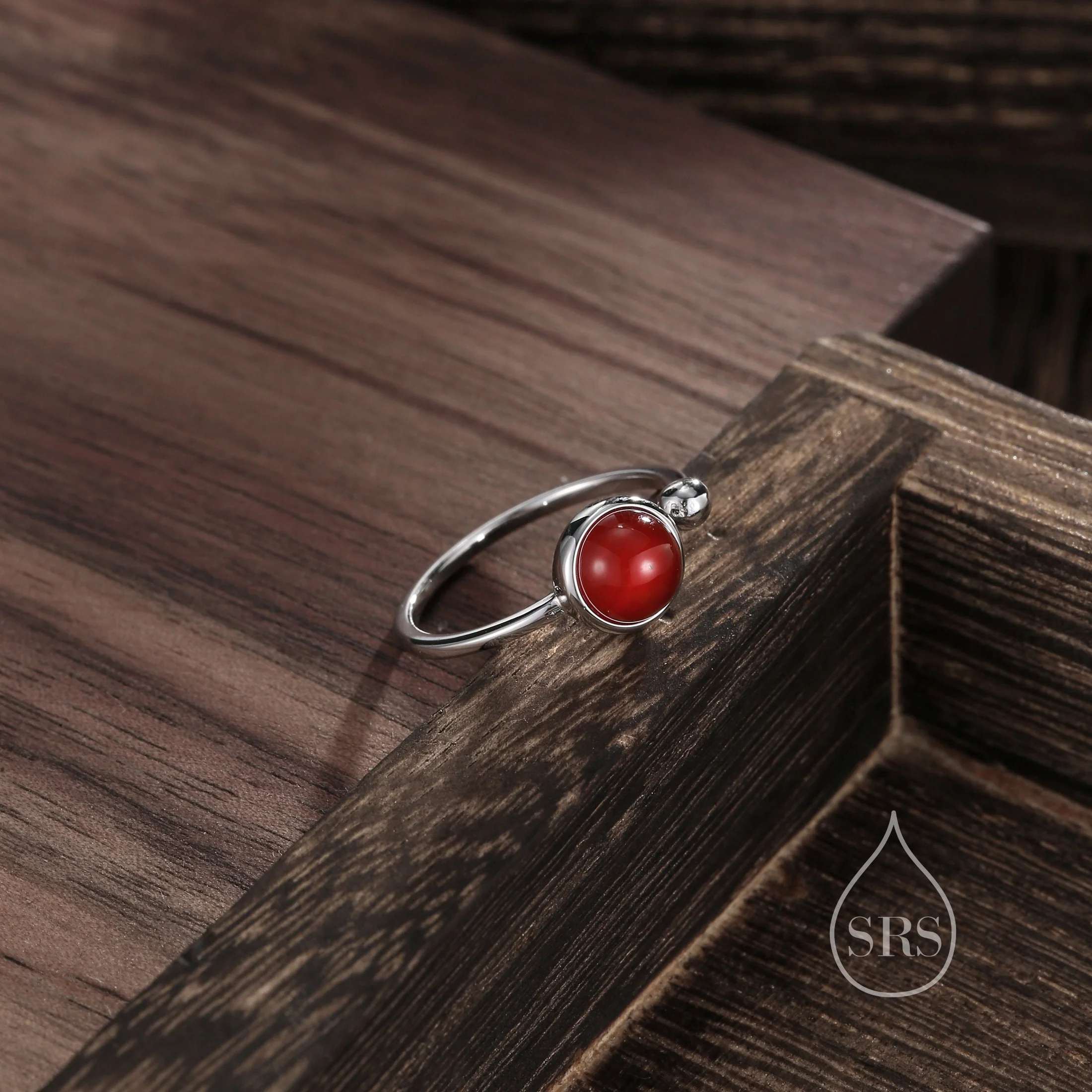 Natural Red Carnelian Open Ring in Sterling Silver, 6mm Red Onyx Stone, Bezel Set, Adjustable Size, Red Chalcedony Ring - Image 3