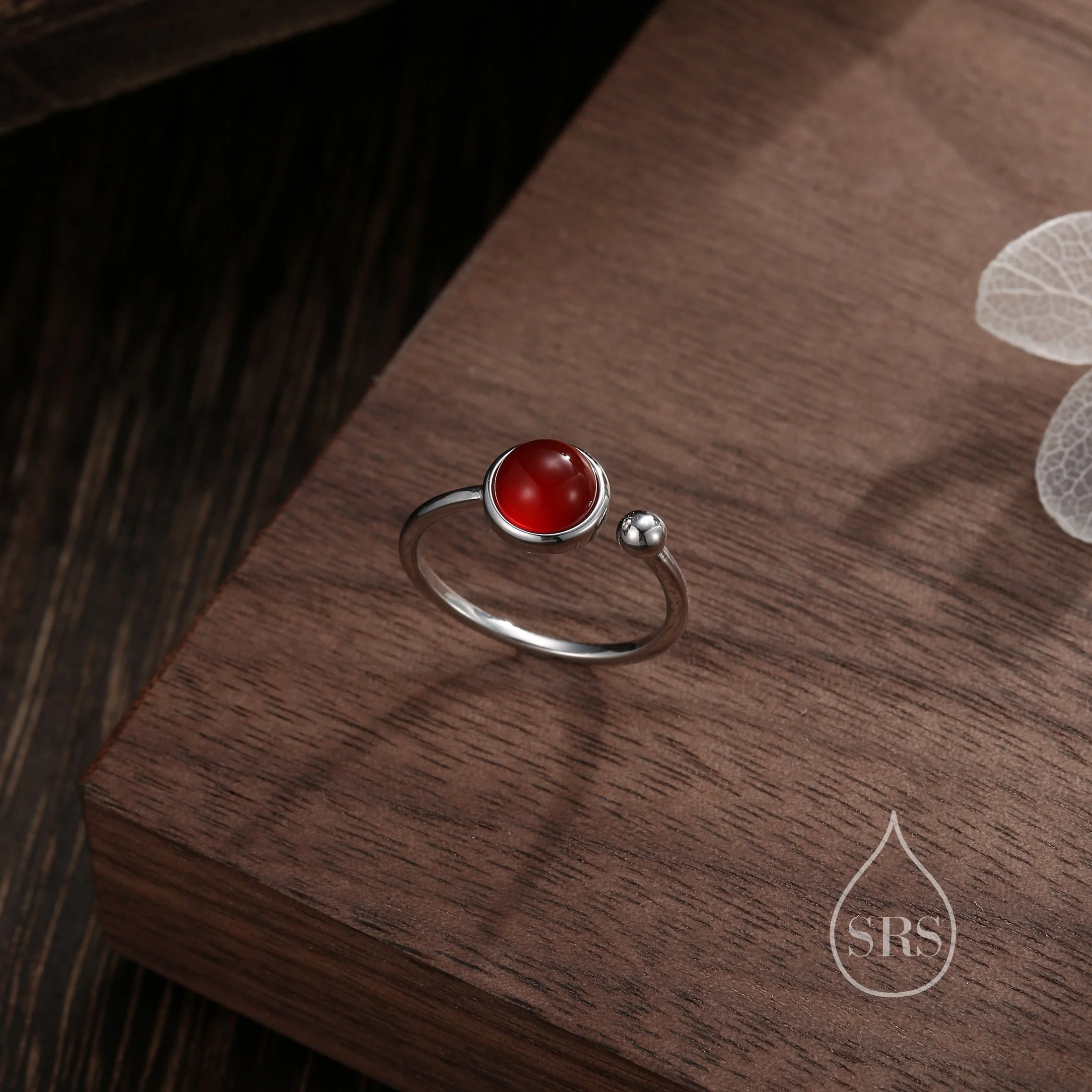 Natural Red Carnelian Open Ring in Sterling Silver, 6mm Red Onyx Stone, Bezel Set, Adjustable Size, Red Chalcedony Ring - Image 4