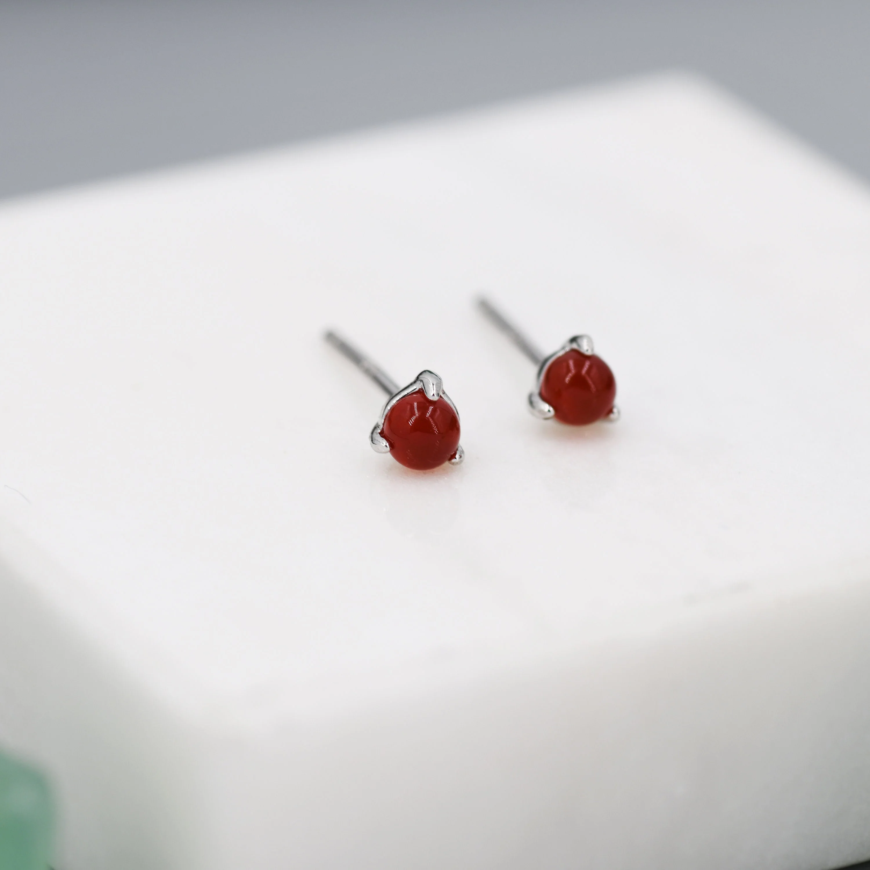 Natural Red Carnelian Stud Earrings in Sterling Silver, Semi-Precious Gemstone Earrings, 3mm and 3 prong Genuine Red Onyx Earrings - Image 2