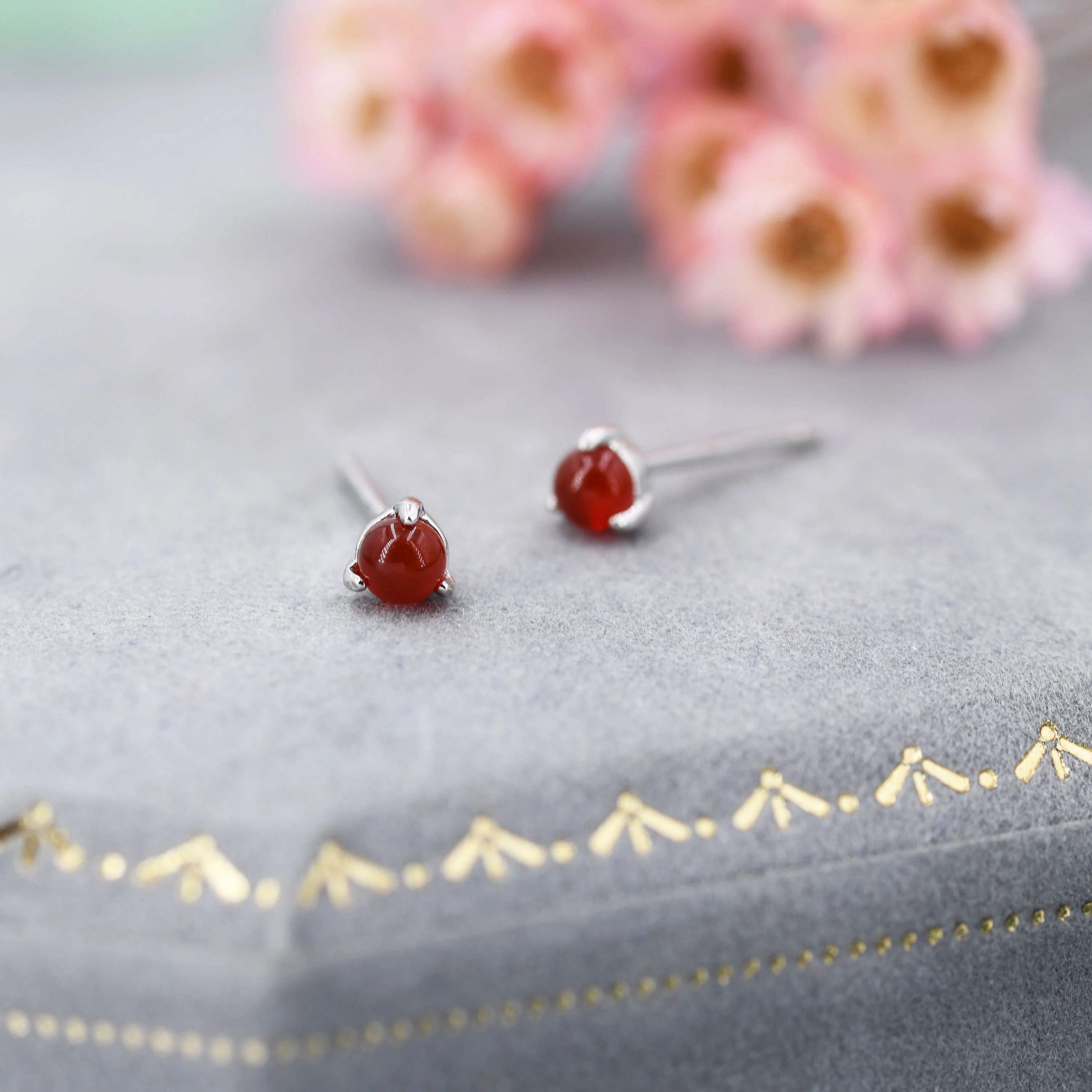 Natural Red Carnelian Stud Earrings in Sterling Silver, Semi-Precious Gemstone Earrings, 3mm and 3 prong Genuine Red Onyx Earrings - Image 5